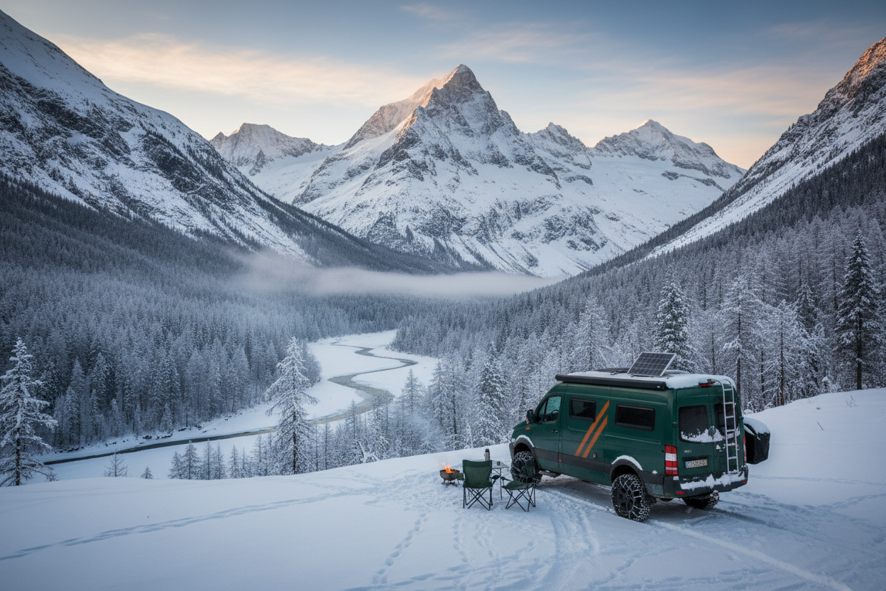Campervan in snowy mountains