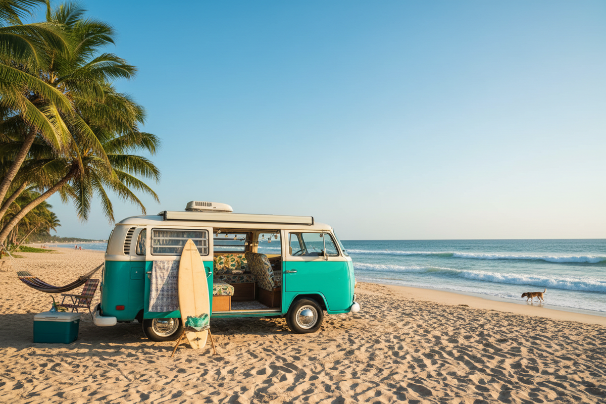 Turquoise campervan parked on sandy beach with surfboard, palm trees, and ocean waves for off-grid adventures.