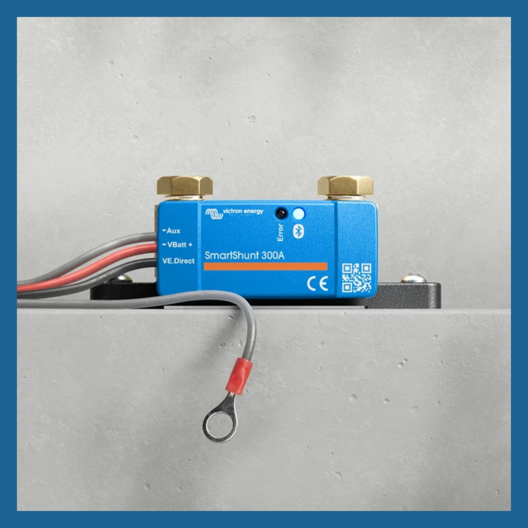 Victron SmartShunt 300A battery monitor with Bluetooth, wired for campervan or marine solar power systems