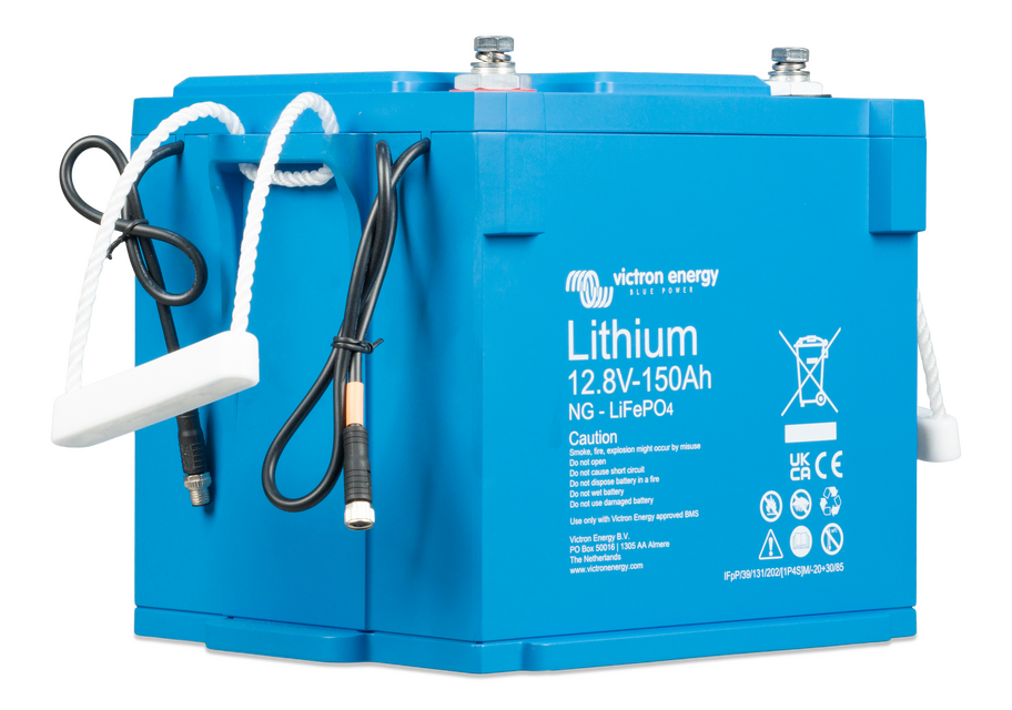 Blue 12.8V 150Ah LiFePO4 lithium battery with terminals and cables for campervan or marine use