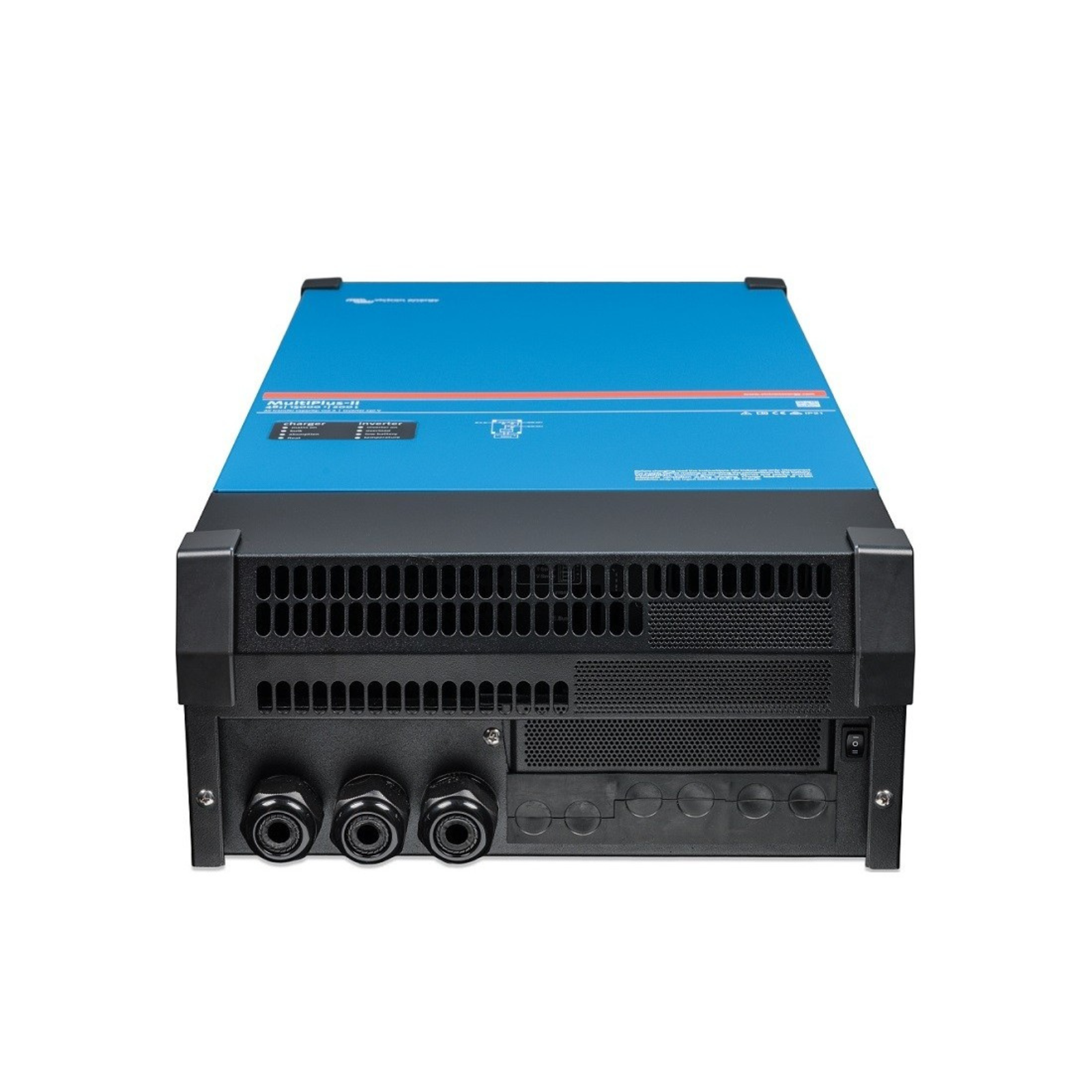 Blue power inverter charger for campervan or off-grid electrical systems, front view