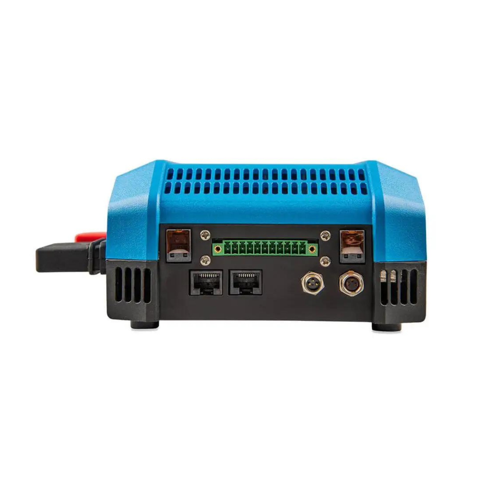 Compact blue off-grid power inverter with ventilation, ports, and wiring terminals