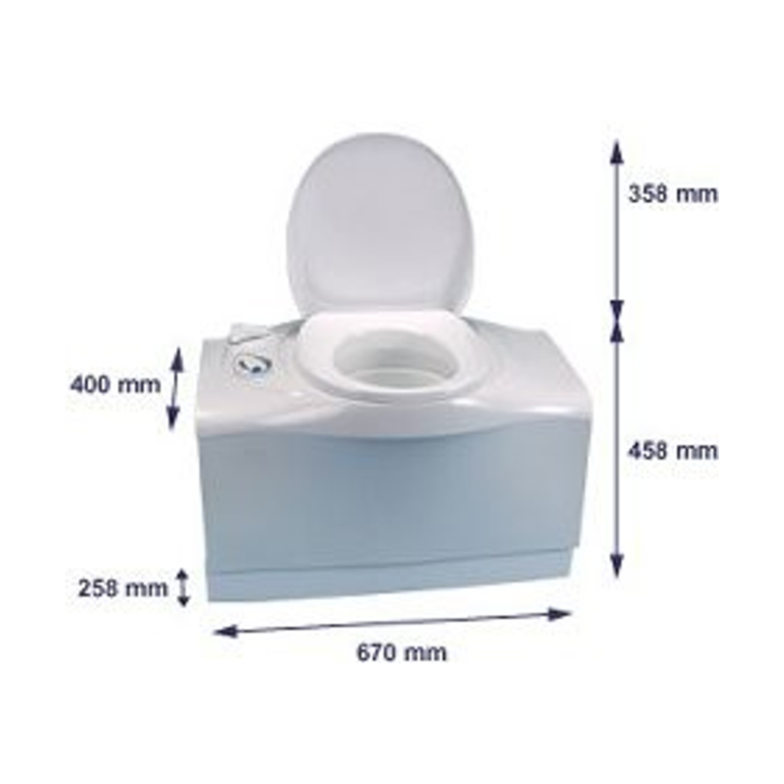 Portable campervan toilet with open lid and measurements, ideal for off-grid use.