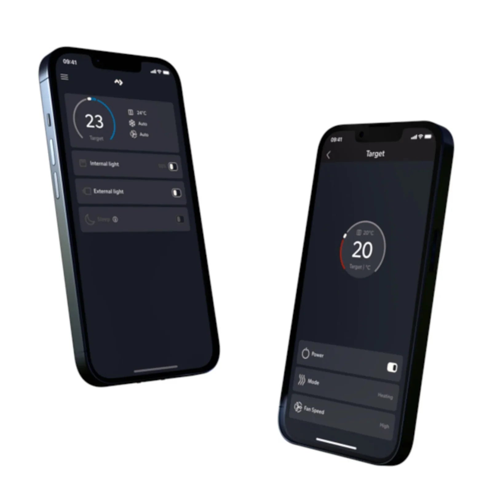 Two smartphones displaying smart campervan control app interfaces for temperature and lighting.
