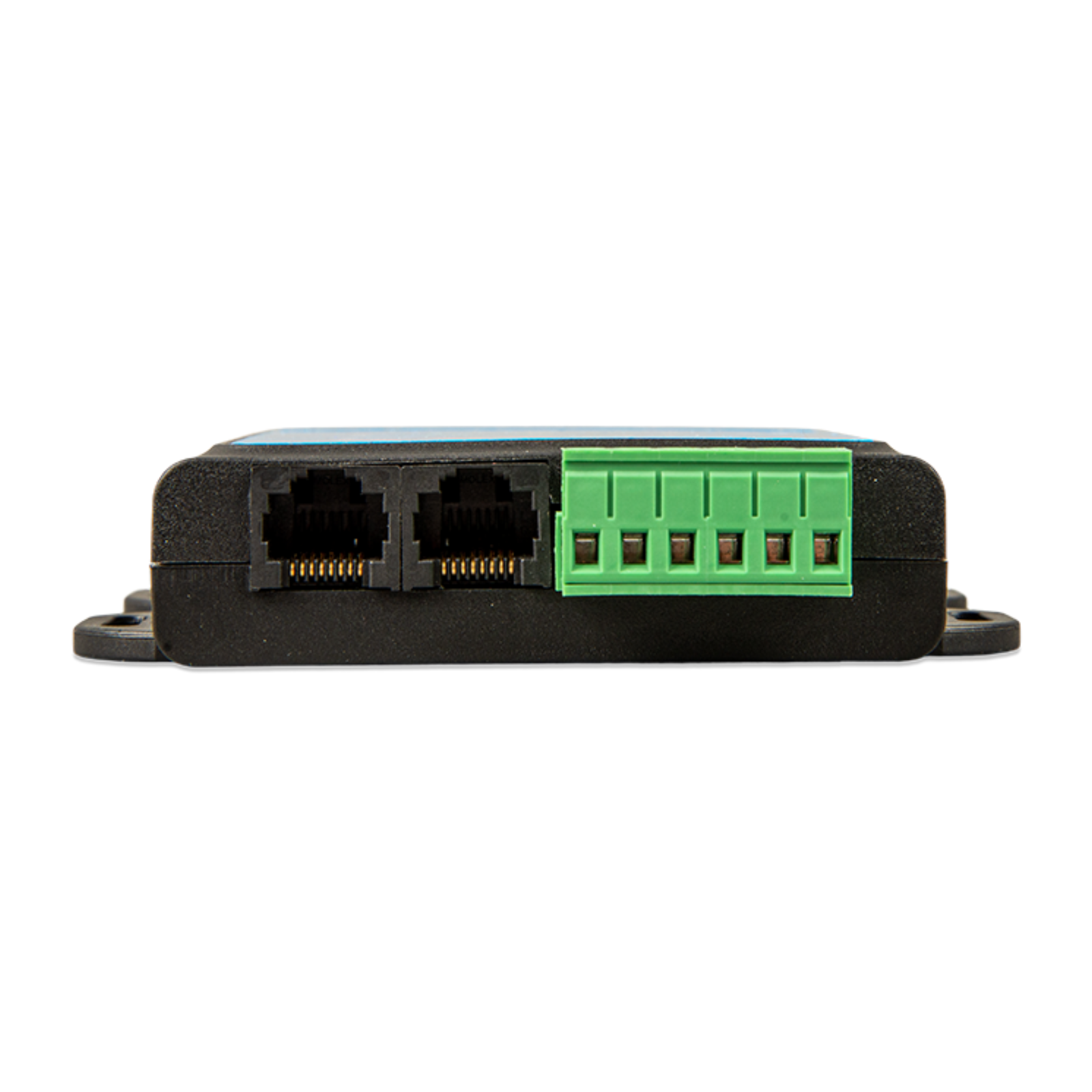 Campervan or marine electrical connector box with two RJ45 ports and green terminal block