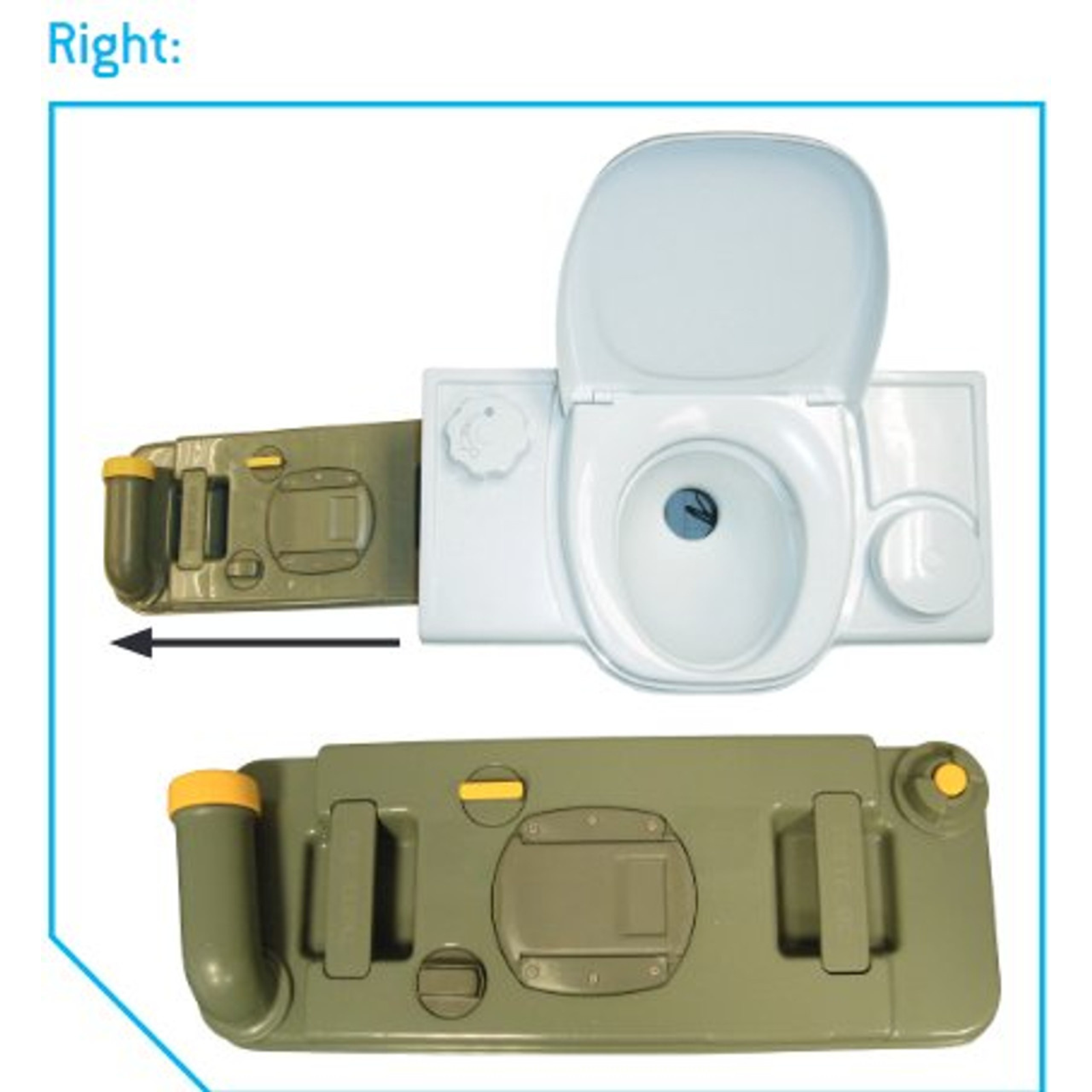 Campervan portable toilet with detachable waste tank and open lid, ideal for off-grid use