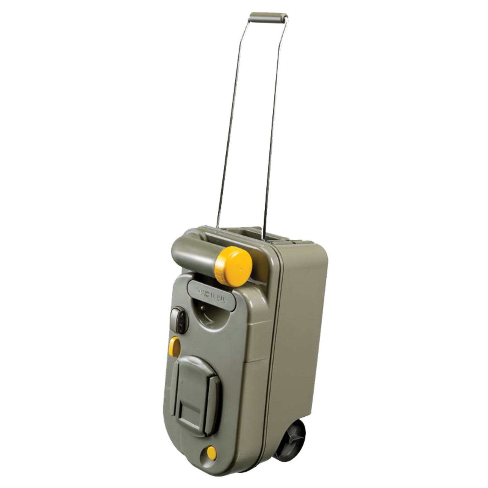 Portable grey and yellow cassette toilet tank with wheels and pull handle for campervan use