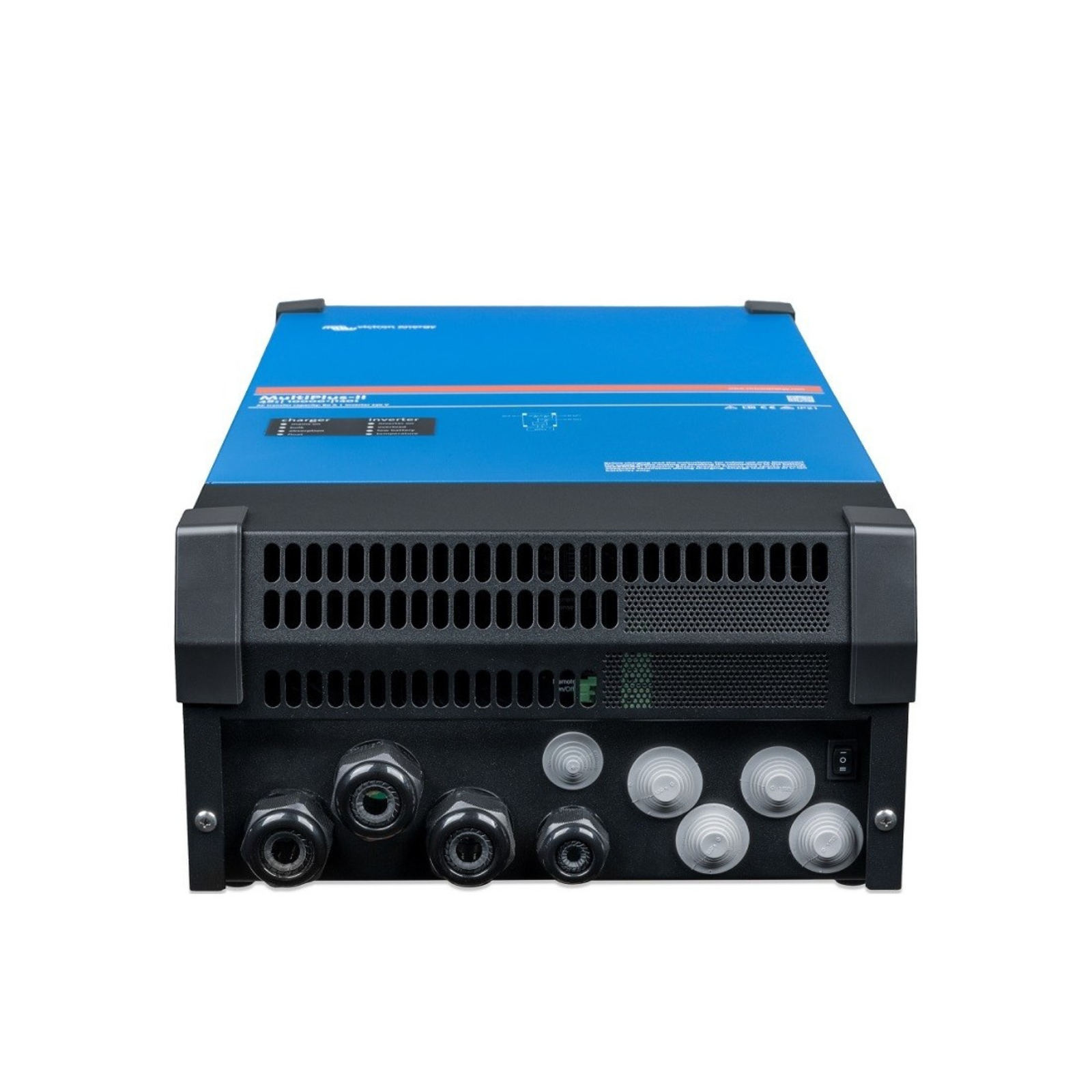 Blue power inverter with multiple input and output ports for campervan or off-grid electrical systems