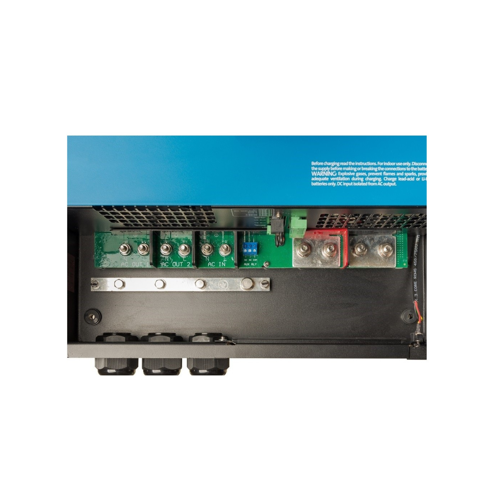 Close-up of campervan power inverter AC OUT, AC IN terminals and electrical connectors