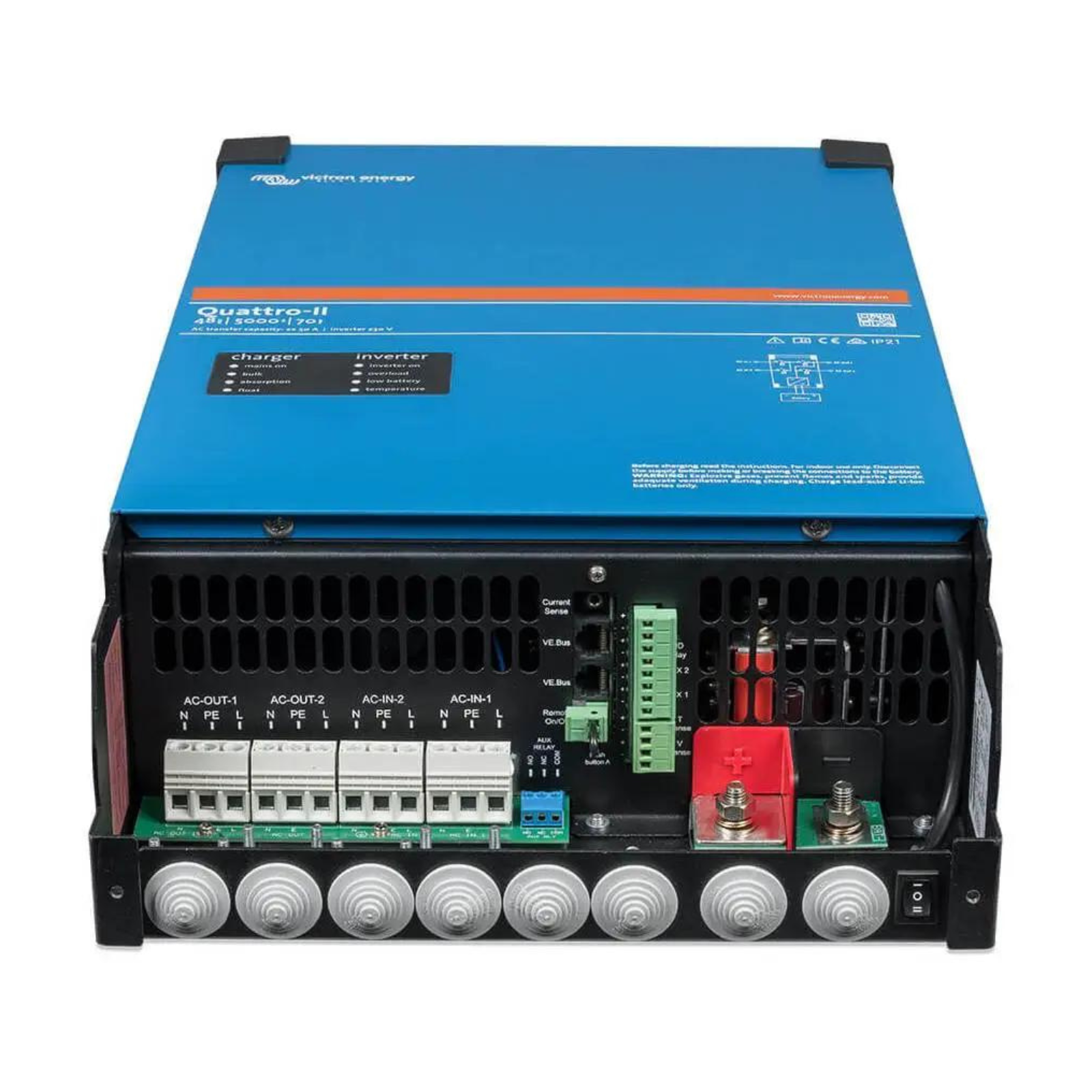 Blue Victron Energy Quattro-II power inverter charger for campervan or off-grid systems