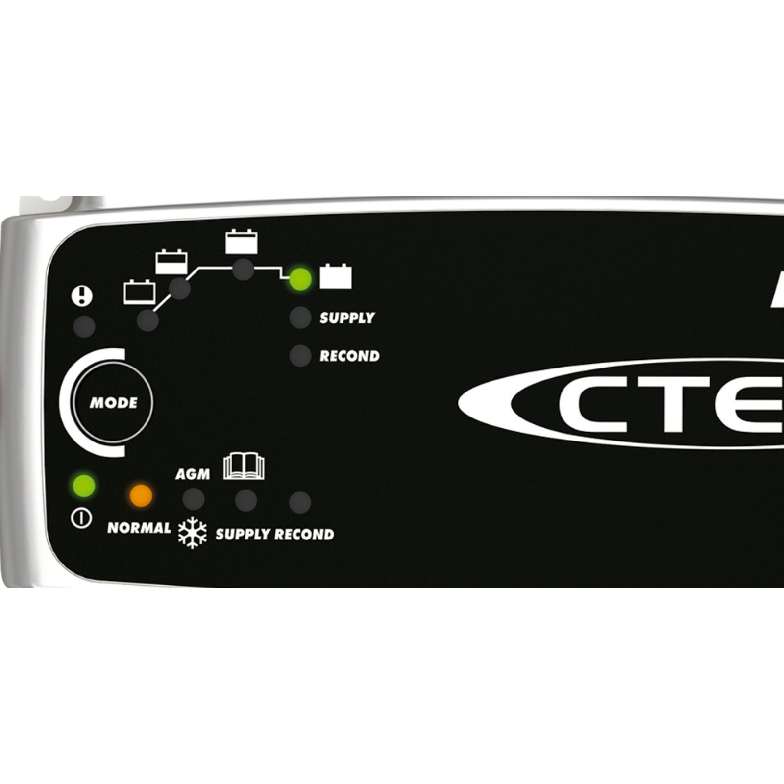 Close-up of CTEK battery charger control panel with indicator lights and mode settings