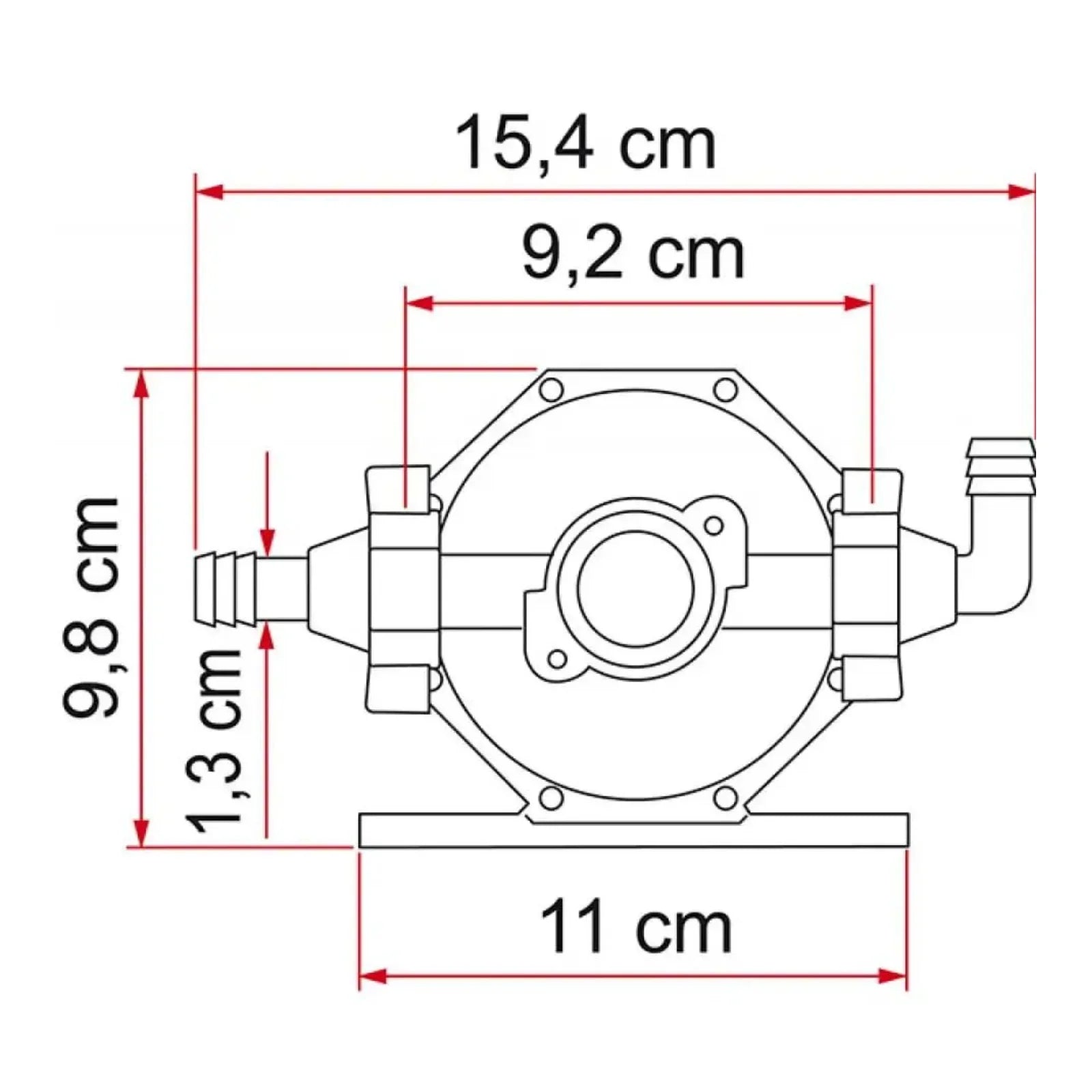 Technical drawing of compact water pump with measurements, ideal for campervan or marine use