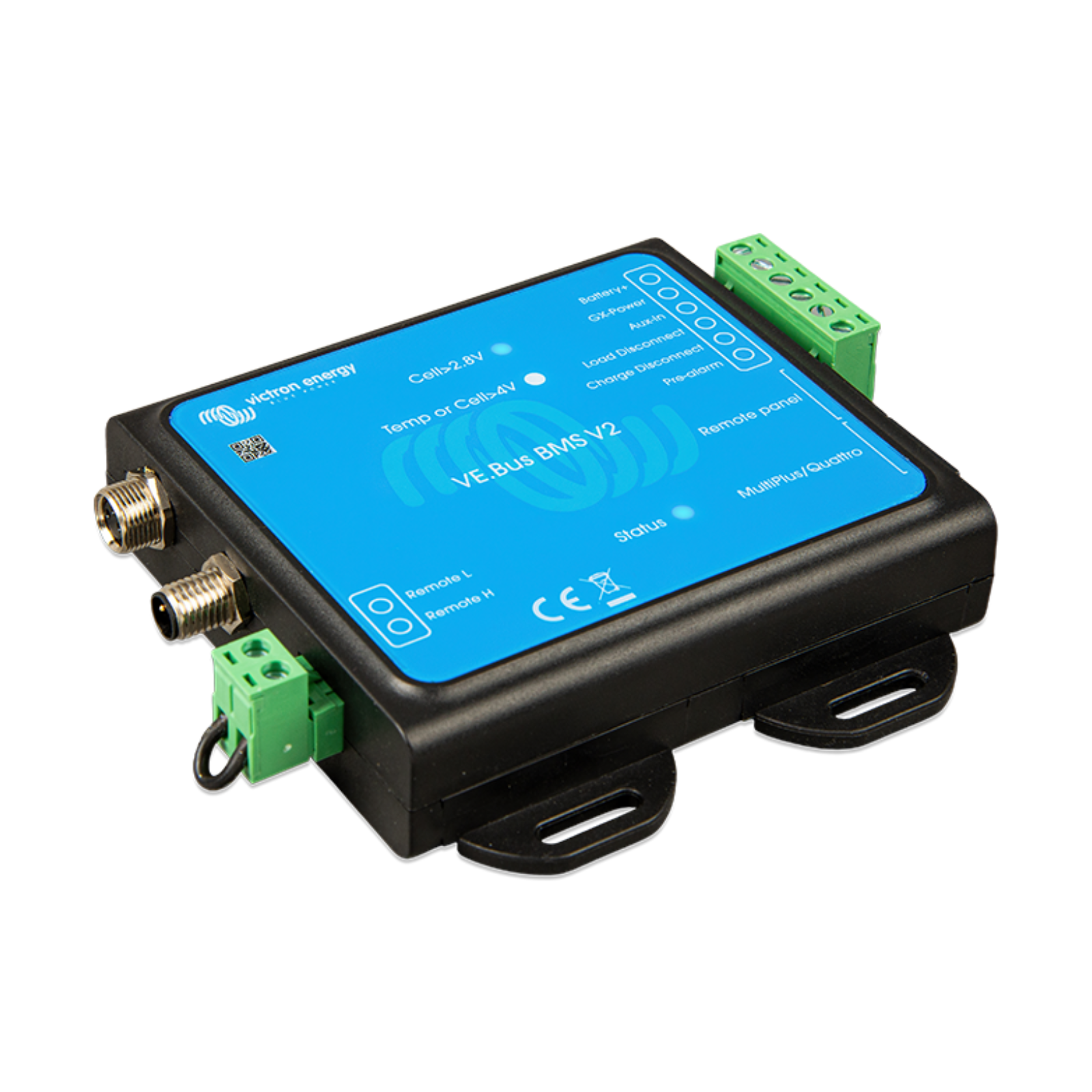 VE.Bus BMS V2 battery management system with blue casing and connection ports for campervan electrical setups