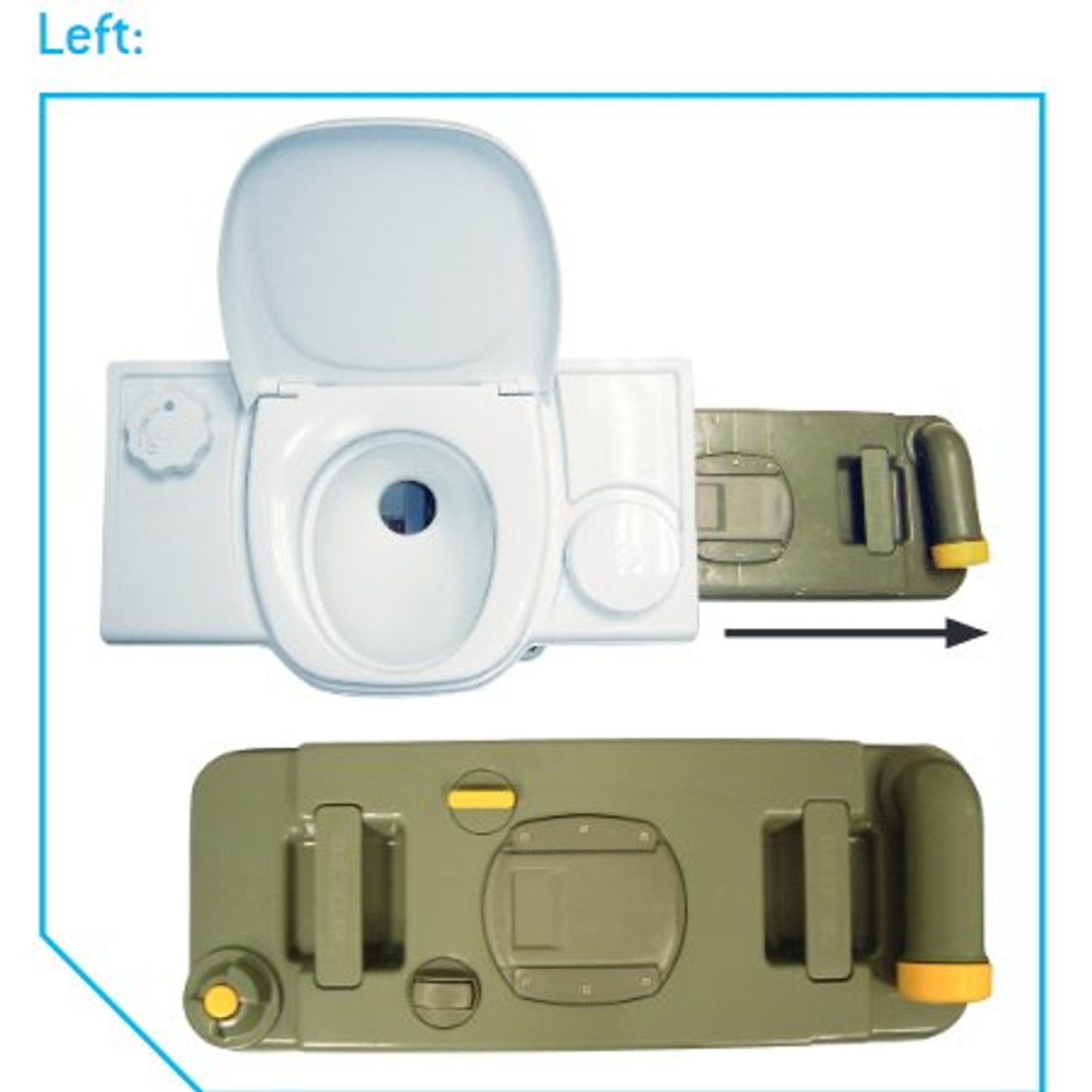 Campervan toilet with detachable waste tank shown in white and olive green parts