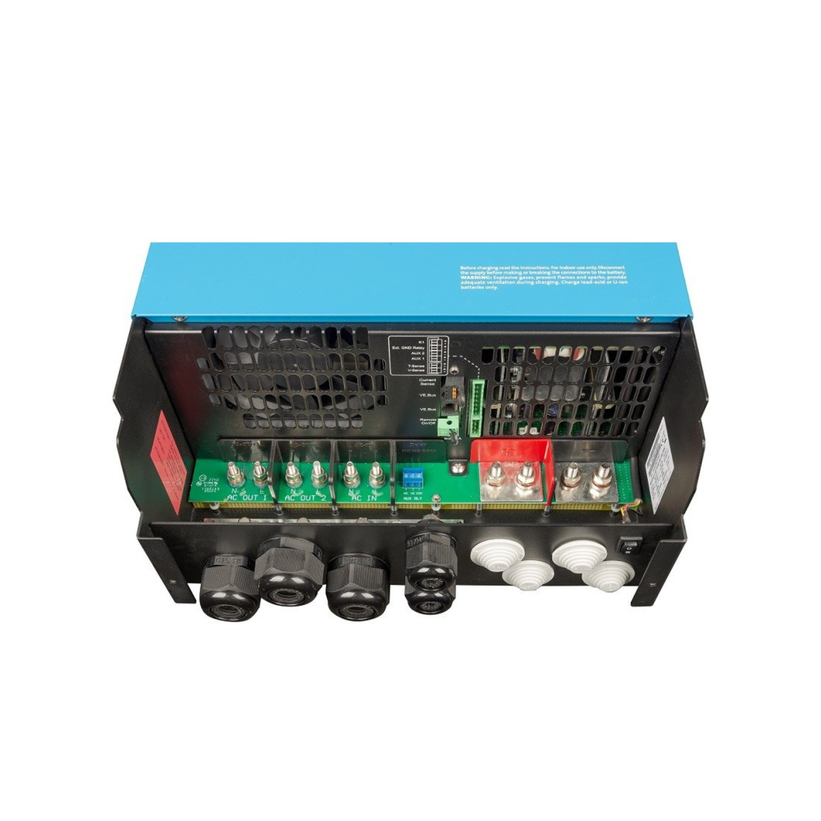 Campervan power inverter with wiring terminals and ventilation grille, rear view