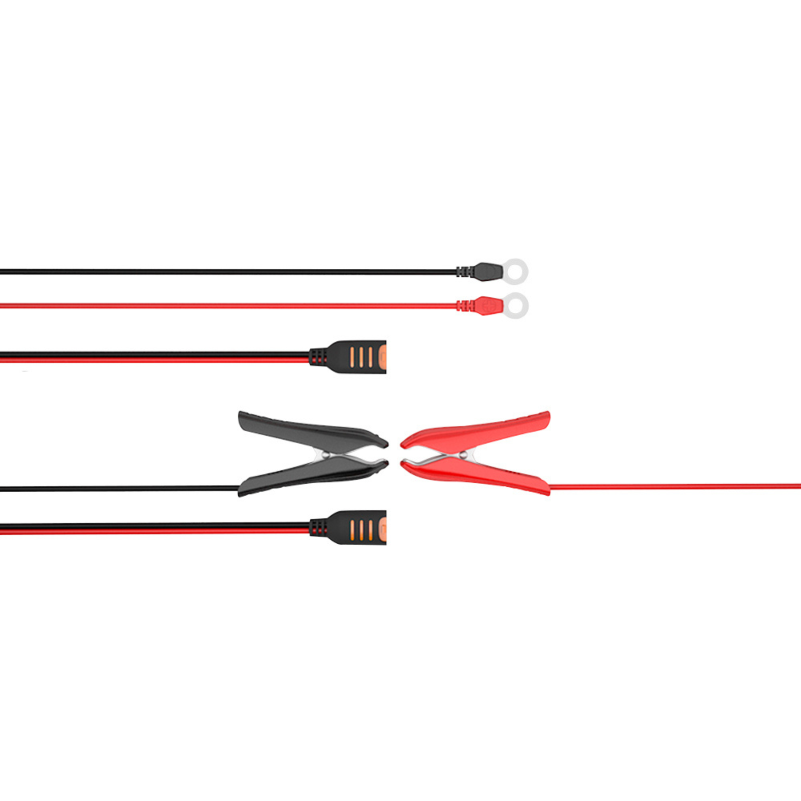 Red and black electrical cables with ring terminals and battery alligator clips for campervan or off-grid use