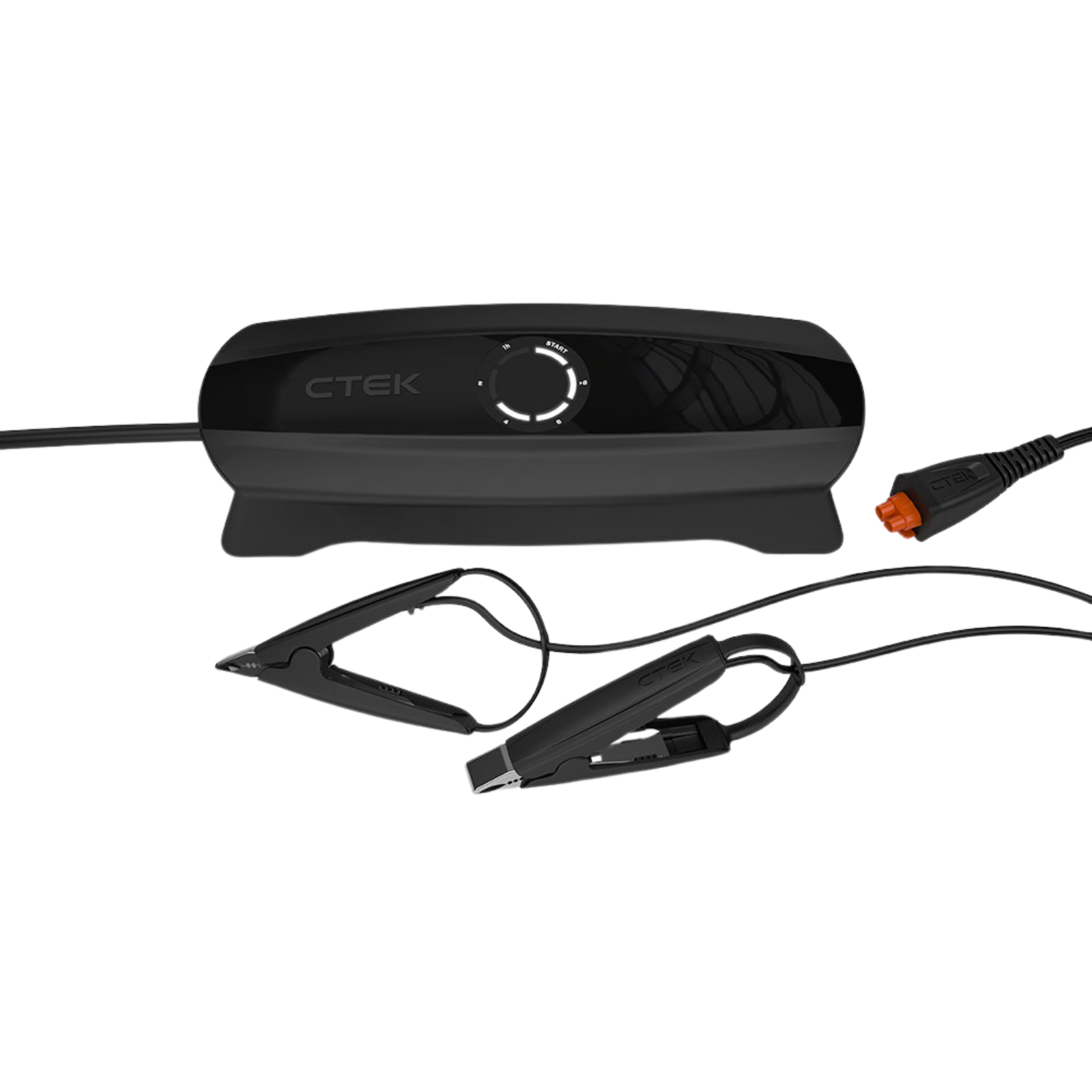 CTEK black battery charger with attached power cables and clamps for campervan or marine use
