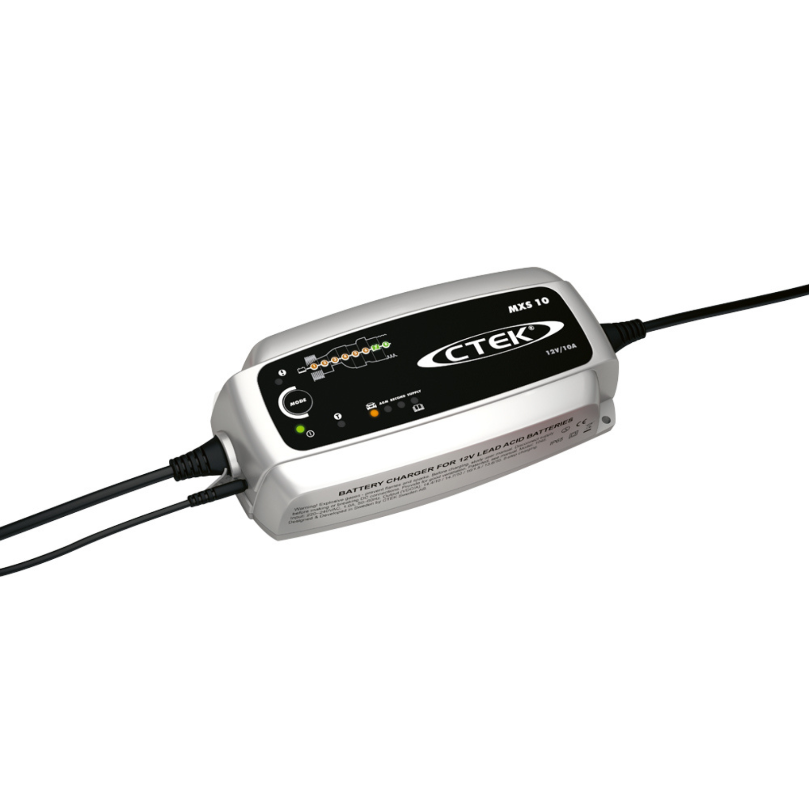 CTEK MX5 10 12V battery charger with LED indicators and attached cables on white background