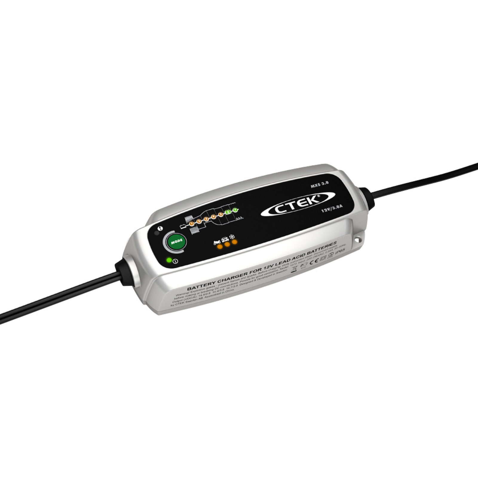 CTEK 12V battery charger with LED indicators, compact design for campervan or marine use
