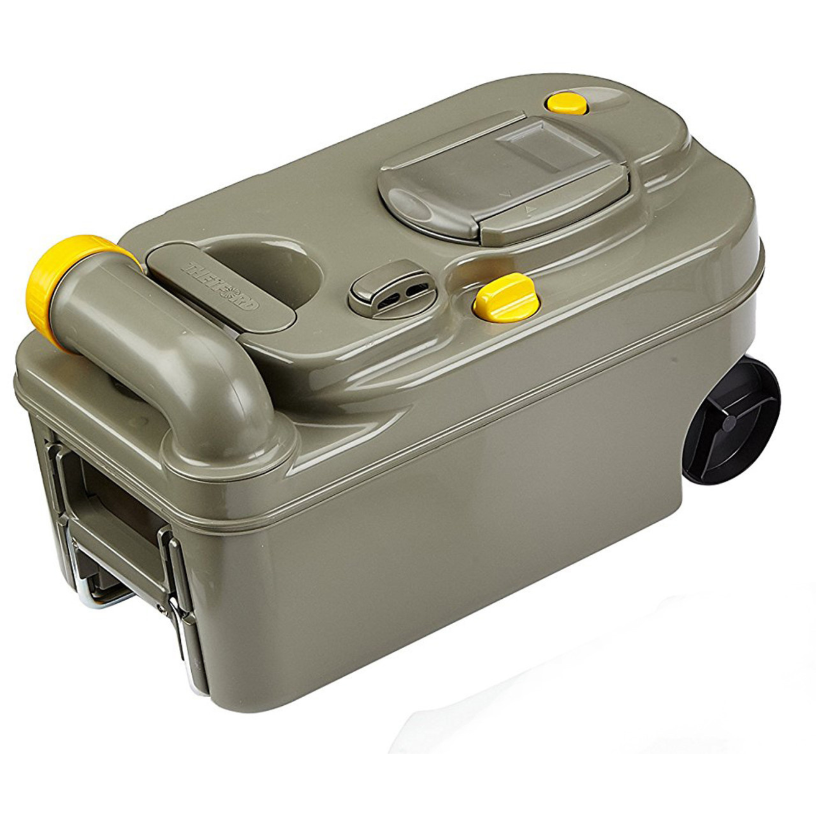 Portable campervan toilet cassette tank with handle and wheels, grey and yellow accents