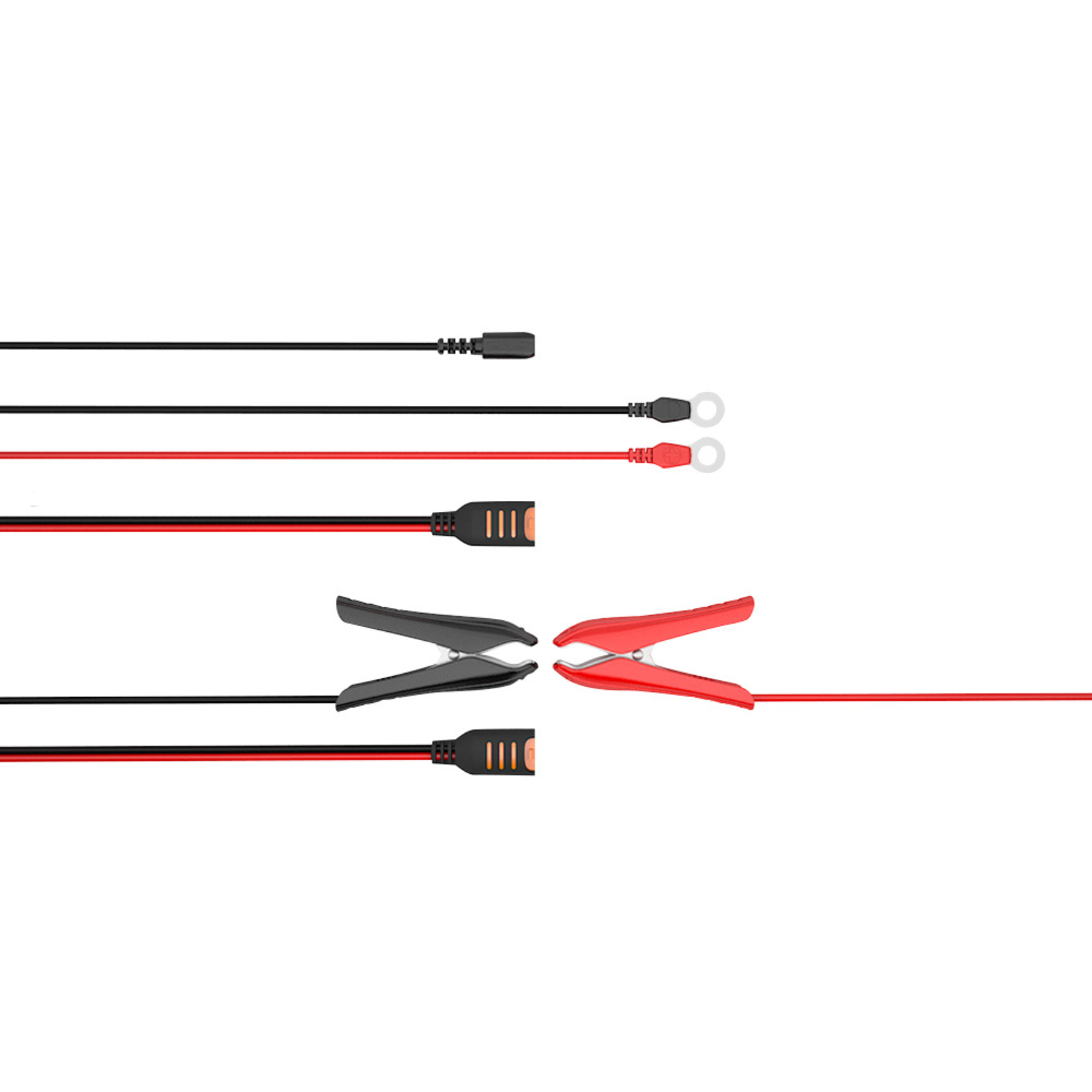 Campervan battery cables with alligator clips and ring terminal connectors, red and black.