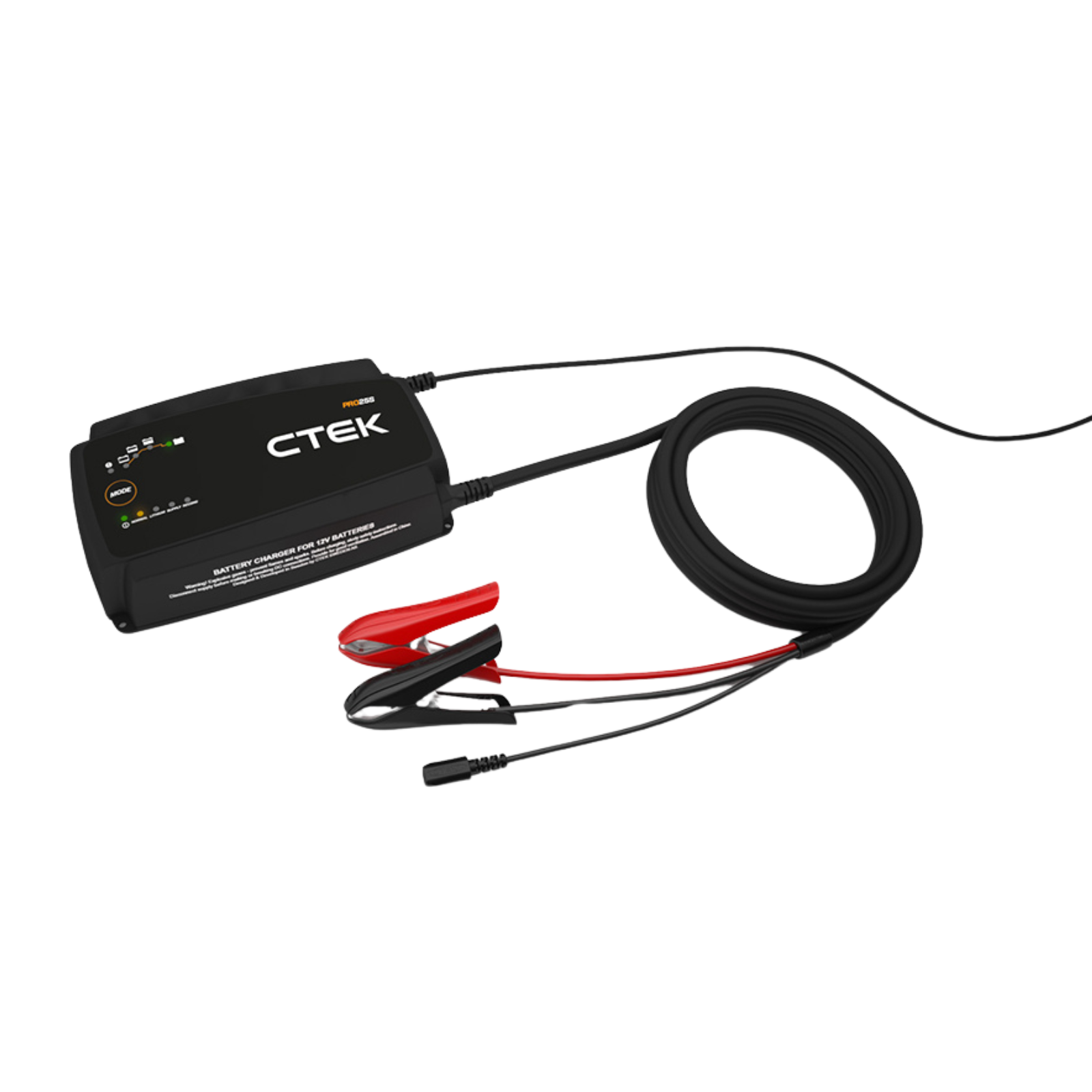 CTEK battery charger with cables and clamps for campervan and marine use, isolated on white