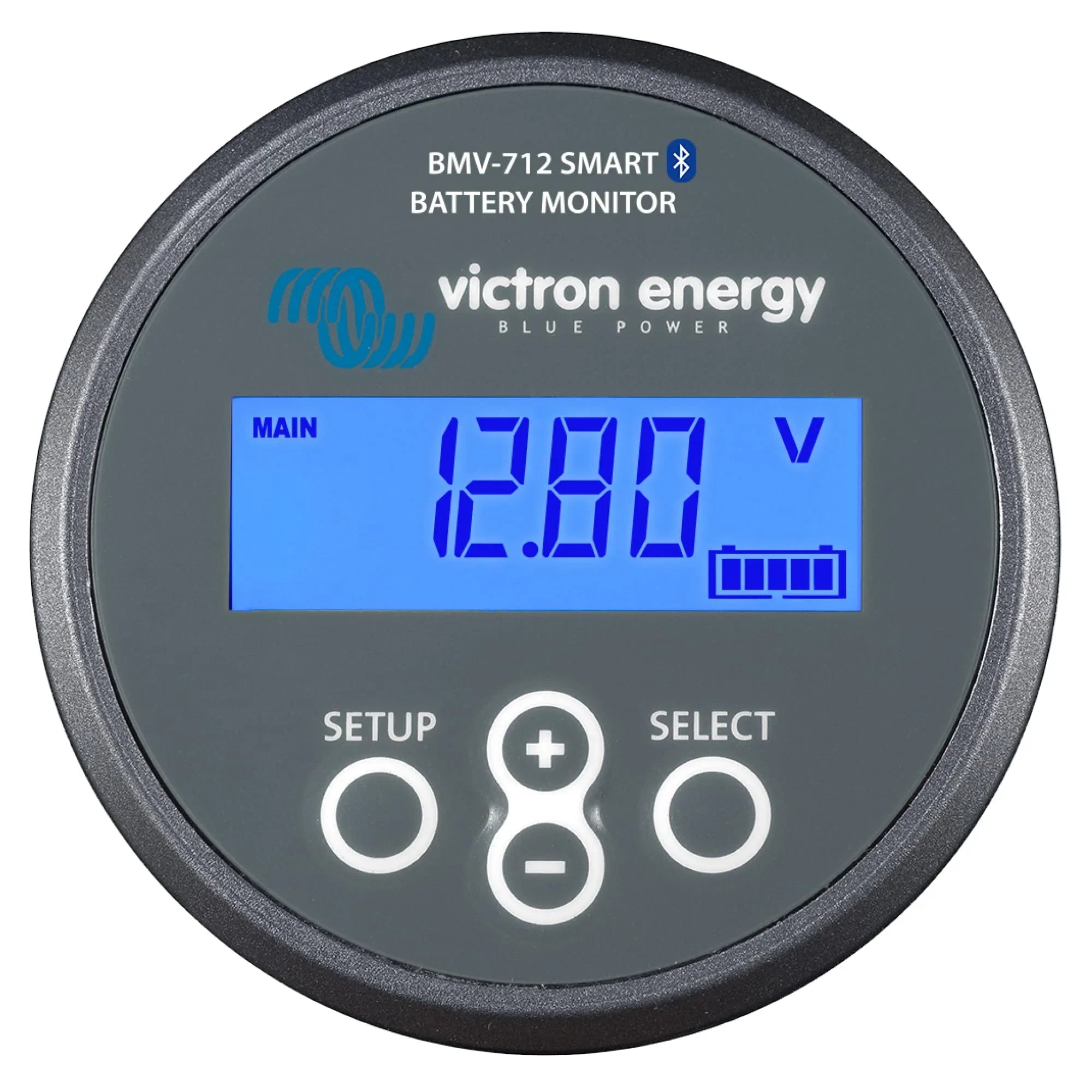 Victron Energy BMV-712 smart battery monitor with digital display showing 12.80 volts