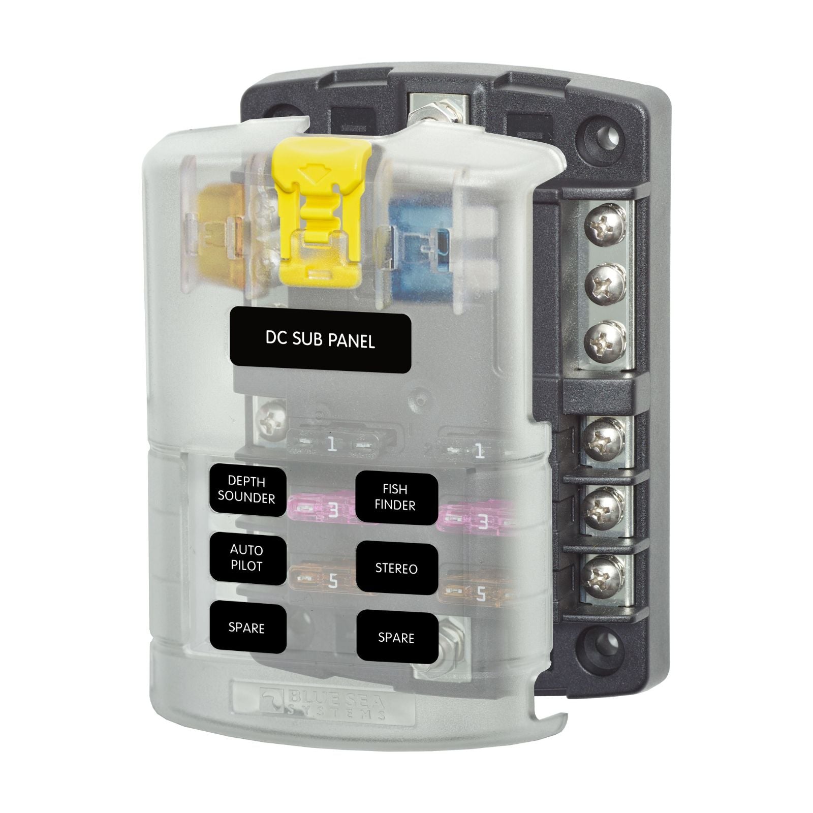 Blue Sea Systems ST-Blade Fuse Block 6 Circuit with Ground and Cover Image