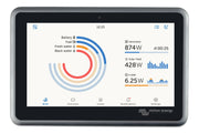 Touchscreen control panel displaying battery, generator, solar yield, and water levels for campervan or marine use.