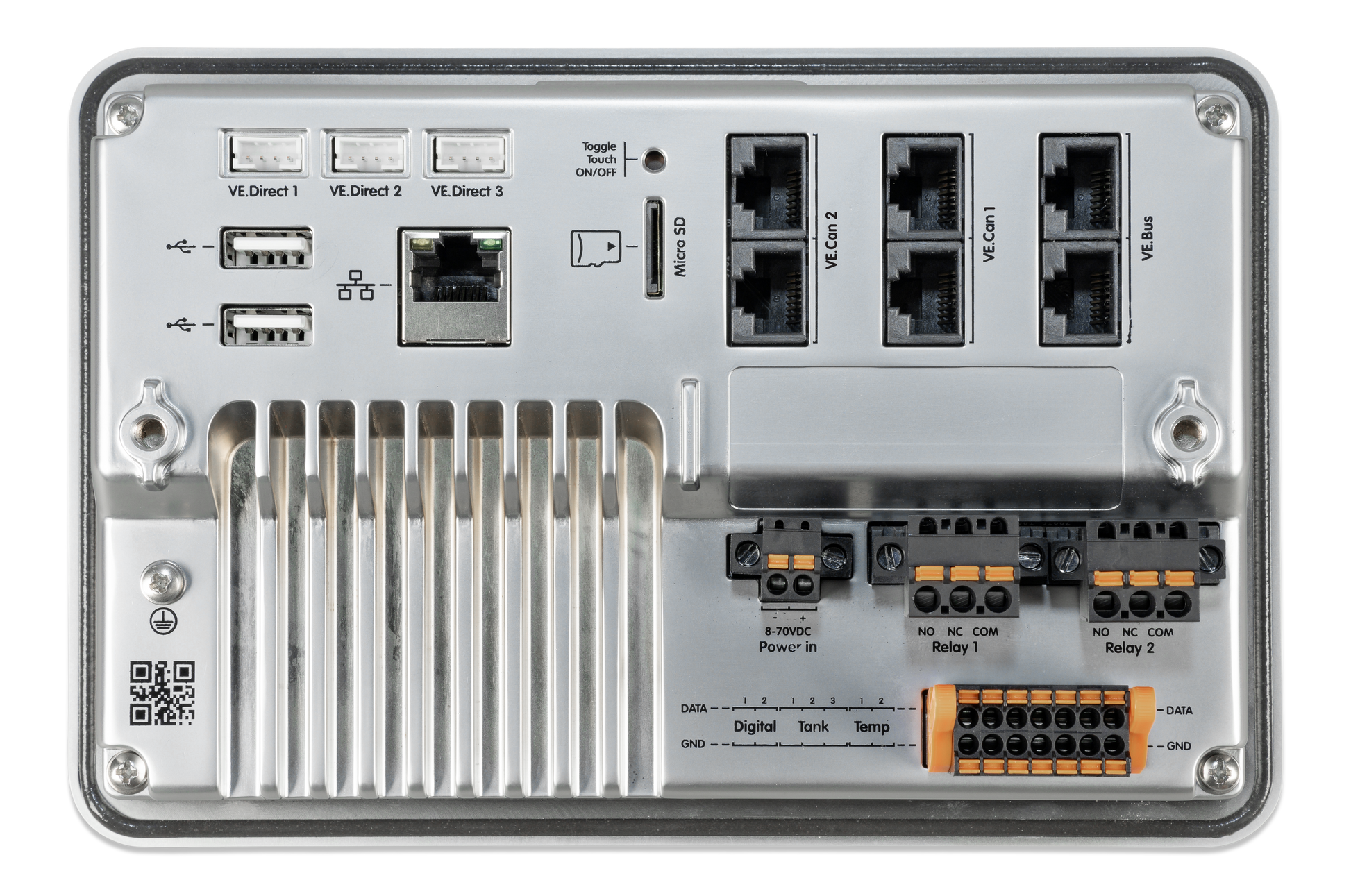Rear view of a GX device with multiple ports, connectors, and terminals for RV or marine systems
