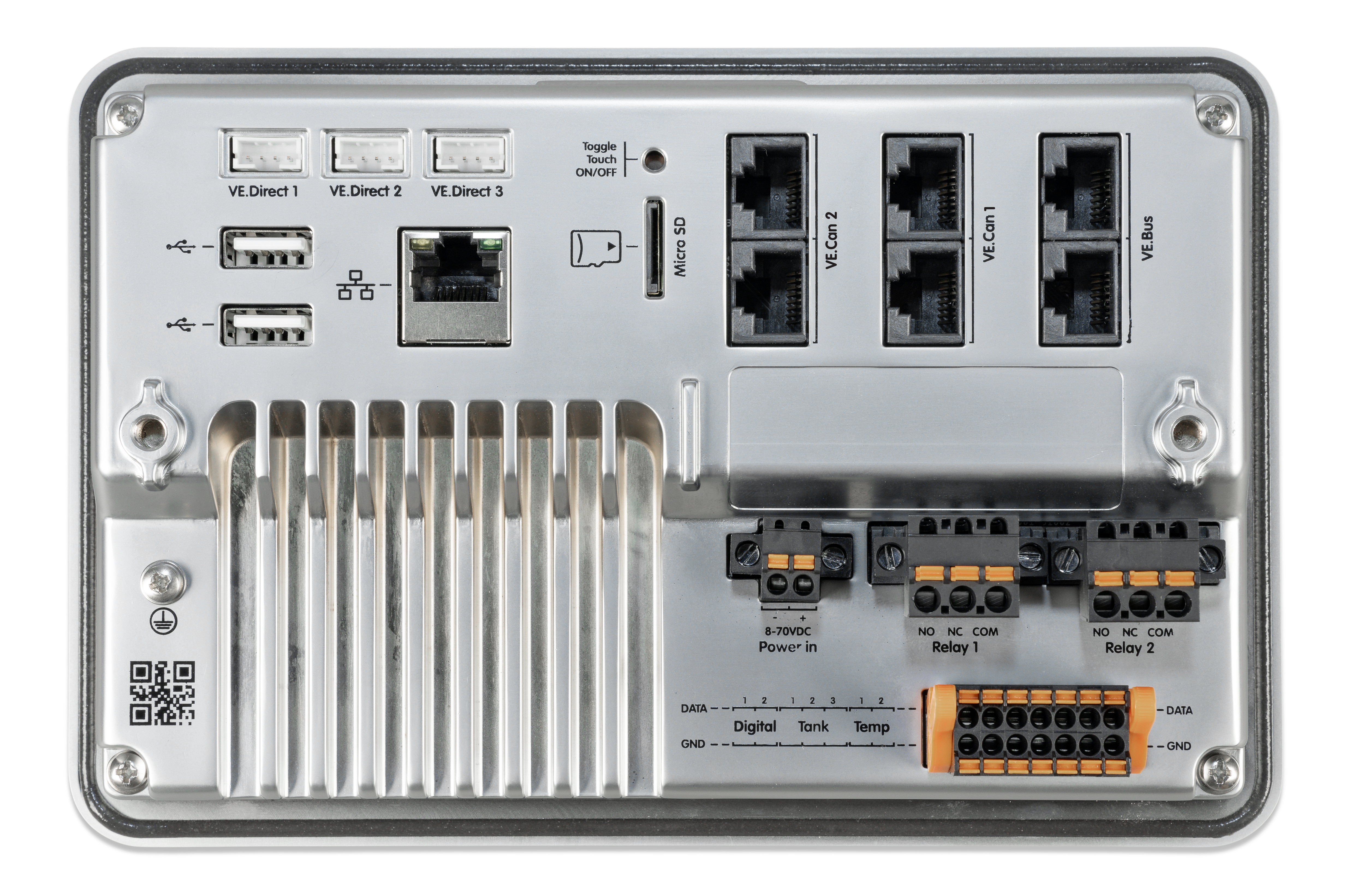 Rear view of a GX device with multiple ports, connectors, and terminals for RV or marine systems