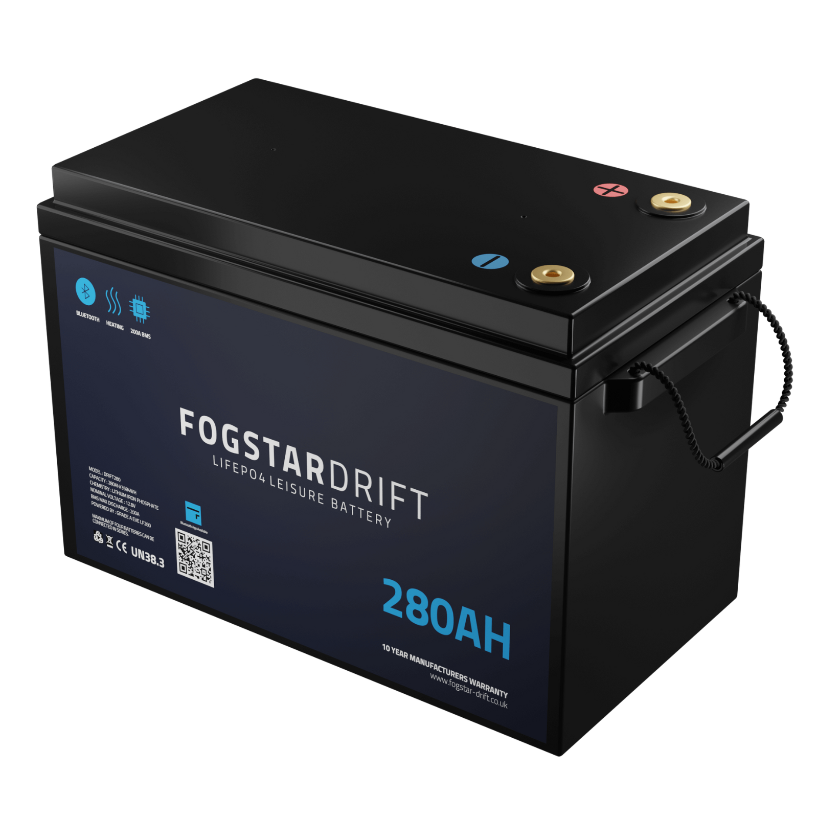 12V 280Ah lithium LiFePO4 leisure battery with terminals and carrying handle