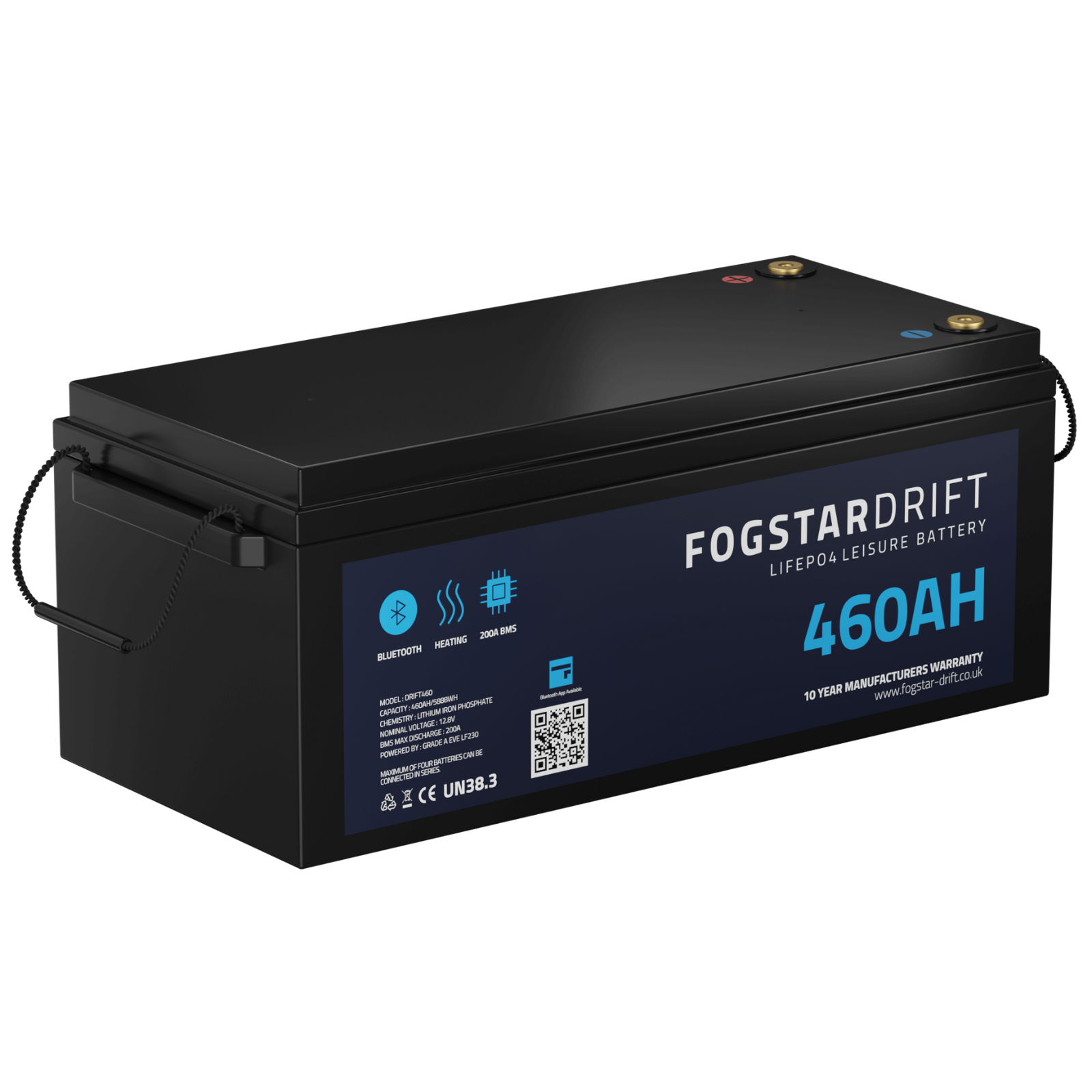 12V 460Ah LiFePO4 lithium leisure battery with Bluetooth and heated features, black case