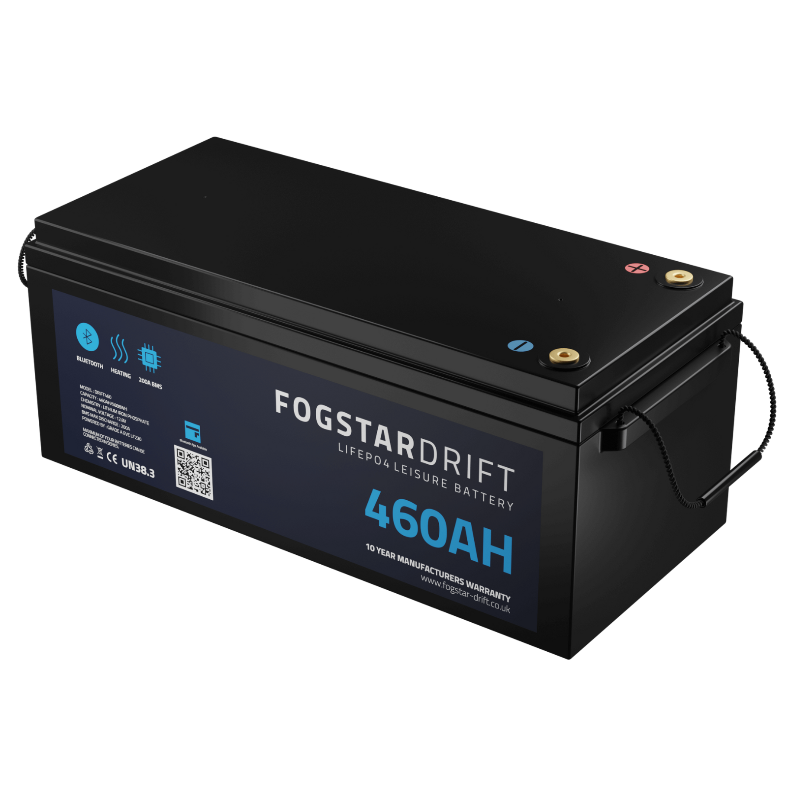 12V 460Ah lithium leisure battery with terminals, black case, and blue label