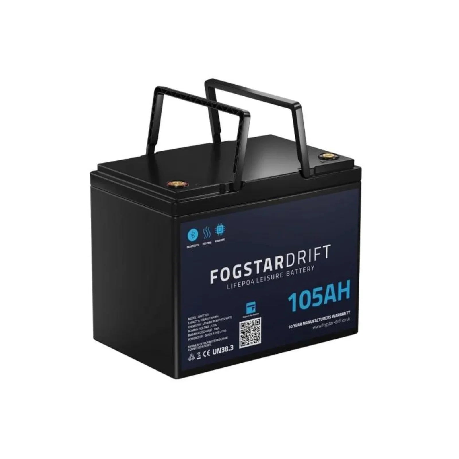 105Ah LiFePO4 leisure battery with handles, ideal for campervan, marine, off-grid power