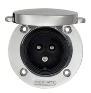Stainless steel marine shore power inlet with three-prong socket and hinged cover