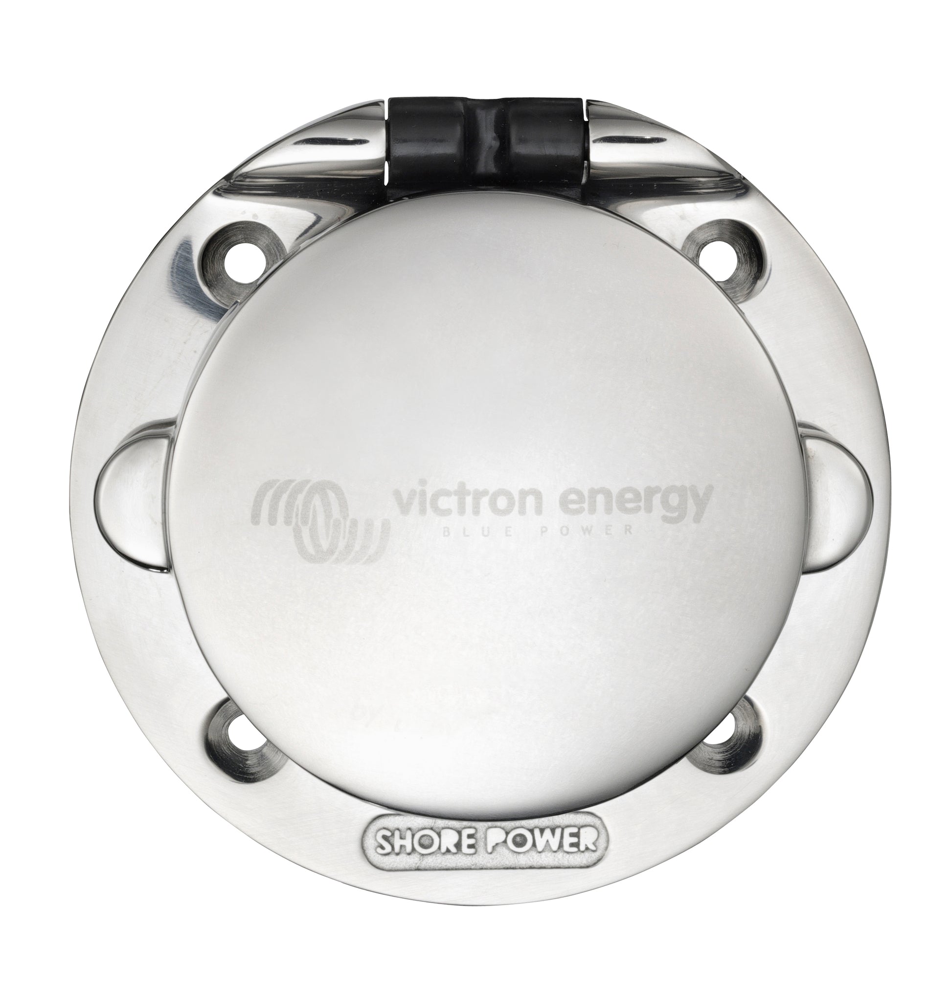 Stainless steel shore power inlet with closed lid, suitable for campervan or marine use