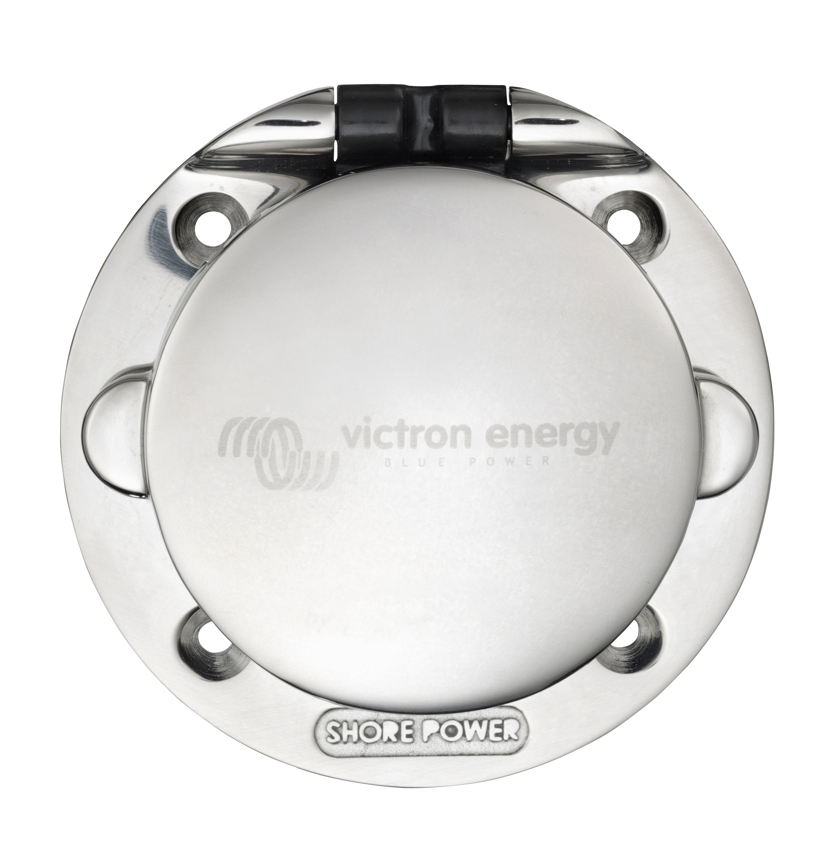 Stainless steel shore power inlet with closed lid, suitable for campervan or marine use