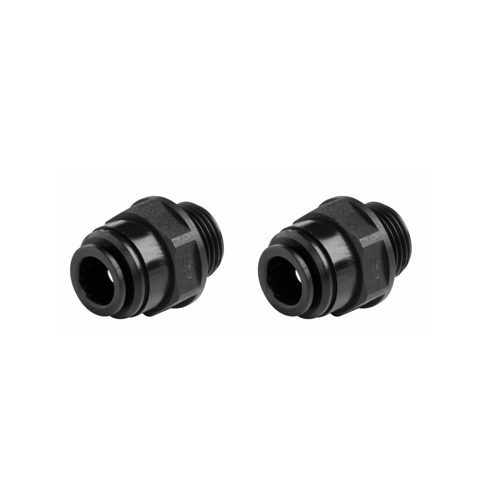 Pair of black plastic water pipe connectors for campervan or marine plumbing