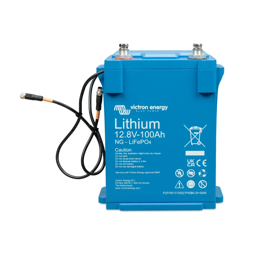 Victron Energy 12.8V 100Ah NG LiFePO4 Lithium Battery in blue casing with connectivity cable