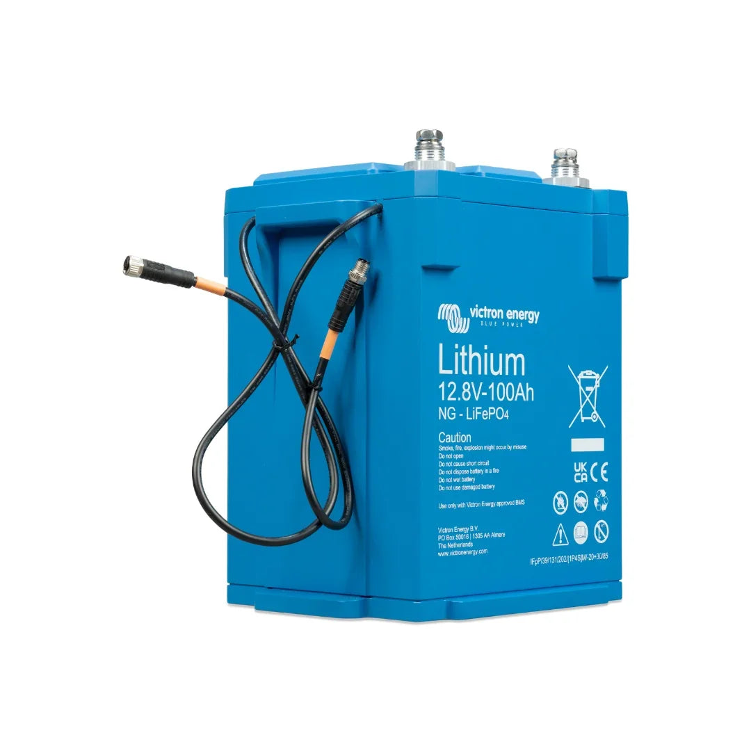 Victron Energy 12.8V 100Ah NG LiFePO4 Lithium Battery in blue casing with cables