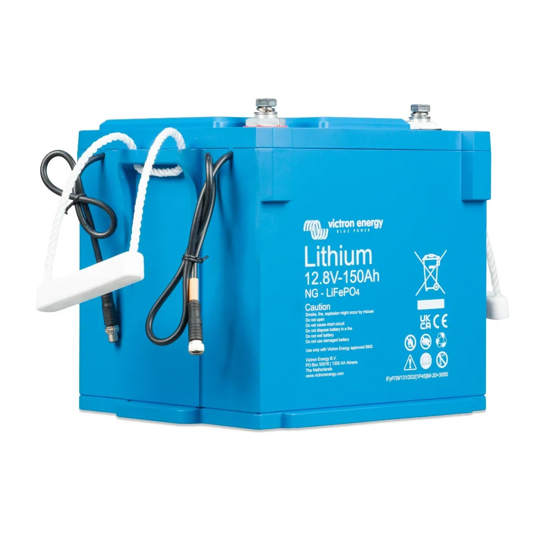 Victron Energy 12.8V 150Ah NG LiFePO4 lithium battery in a blue casing with a carrying handle