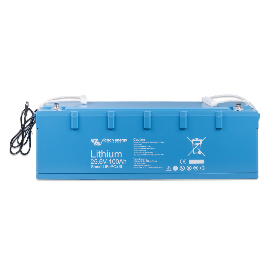 Victron Energy 25.6V 100Ah Smart LiFePO4 Lithium Battery in a blue protective case