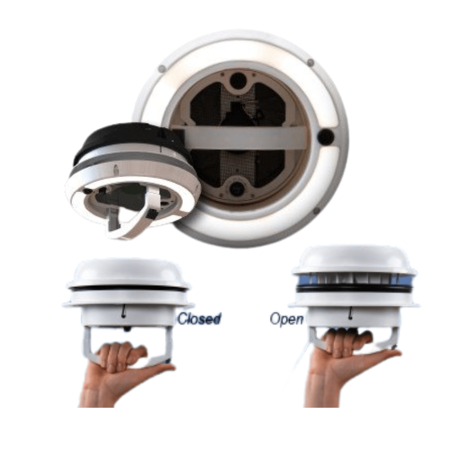 Dome roof vent for campervan or marine use, shown open and closed, with LED light ring detail.