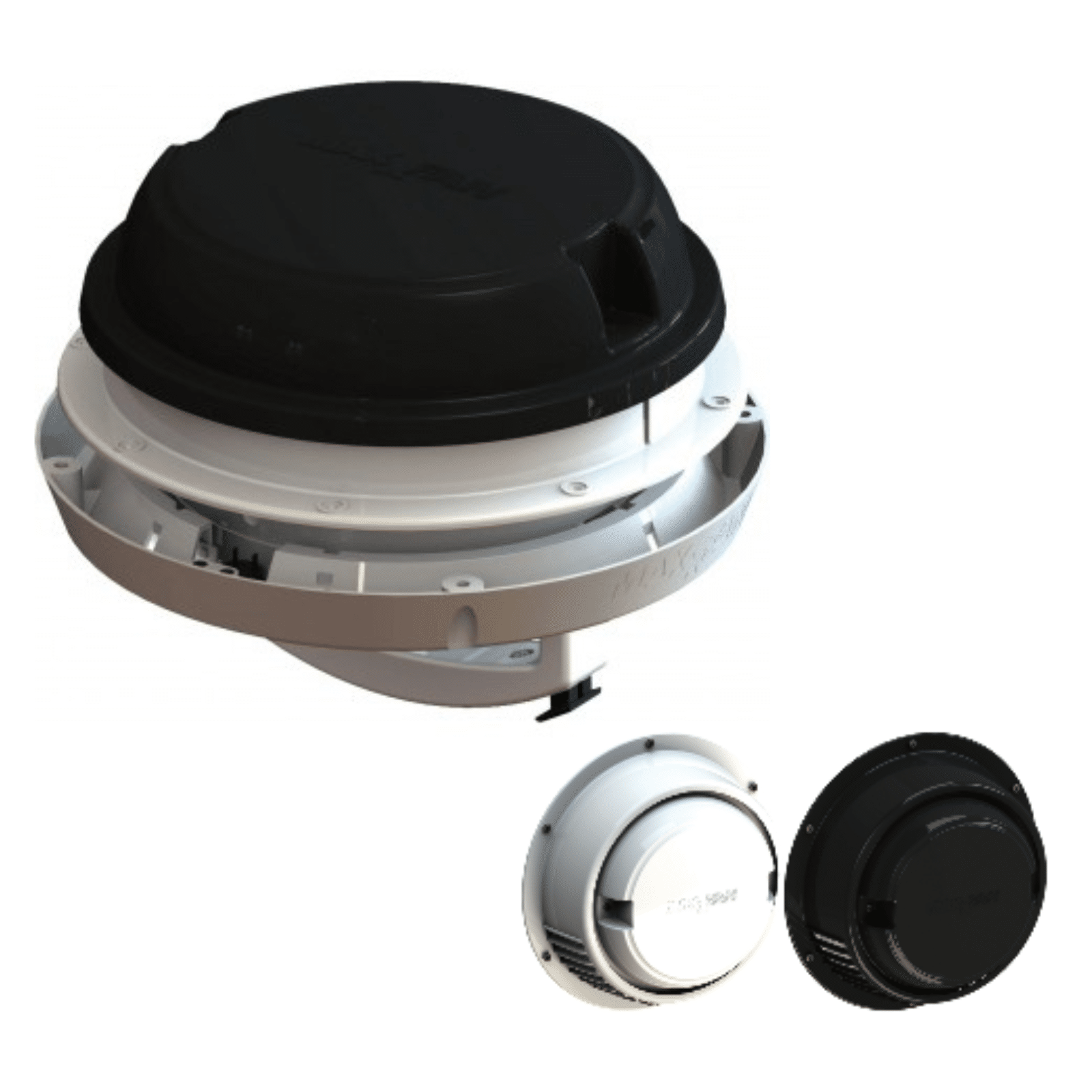 Black circular campervan roof vent with white mounting base, ventilation accessory