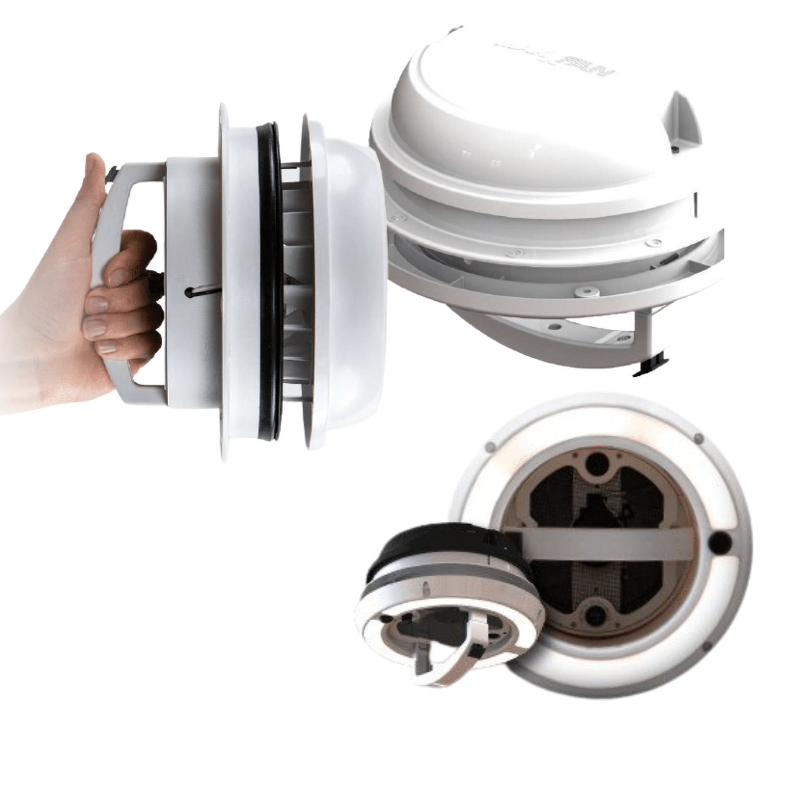 White roof vent fan for campervans or boats, shown in hand and multiple angles