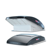 Smoke-colored Maxxfan Deluxe roof vent for campervans, open and closed views on white background.