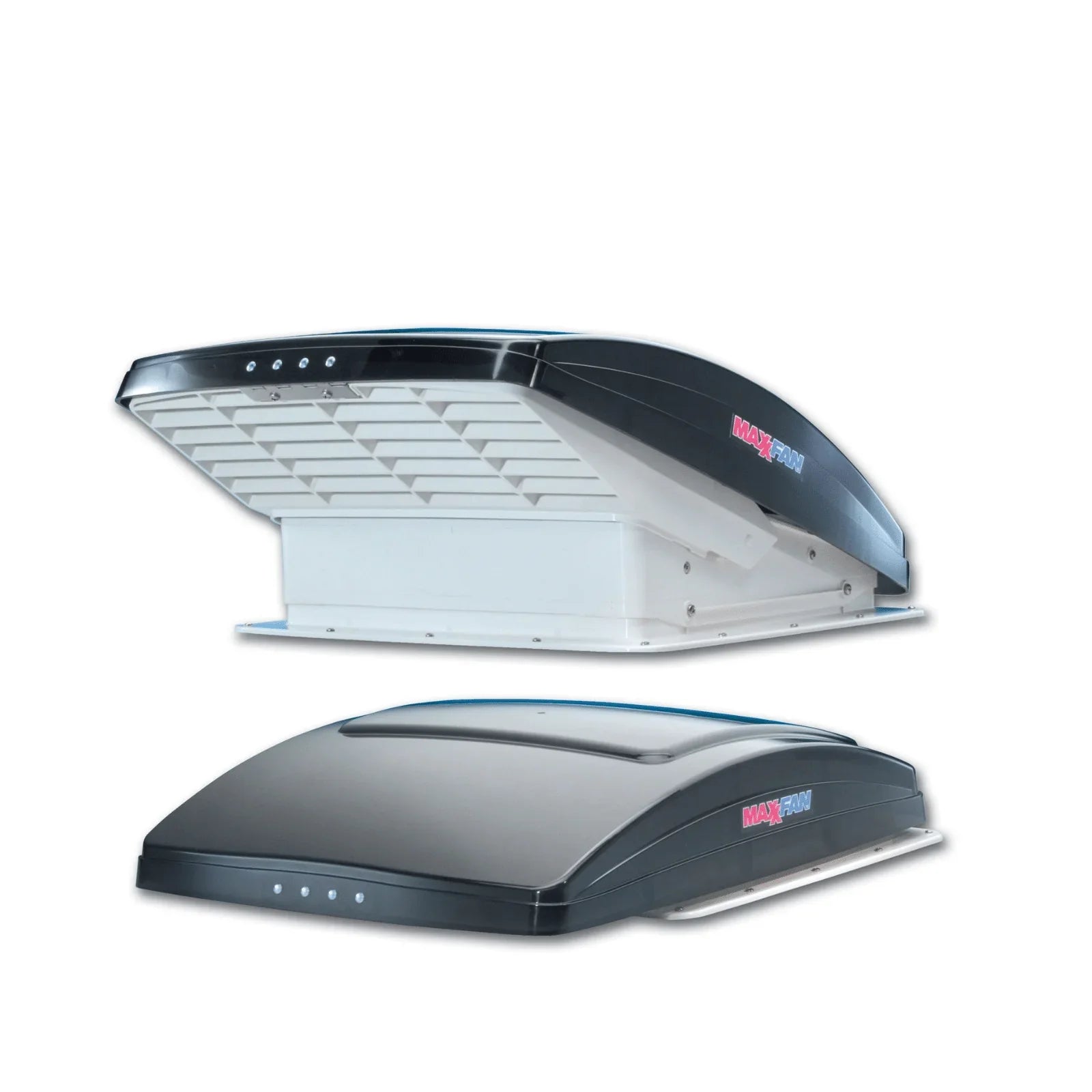 Smoke-colored Maxxfan Deluxe roof vent for campervans, open and closed views on white background.