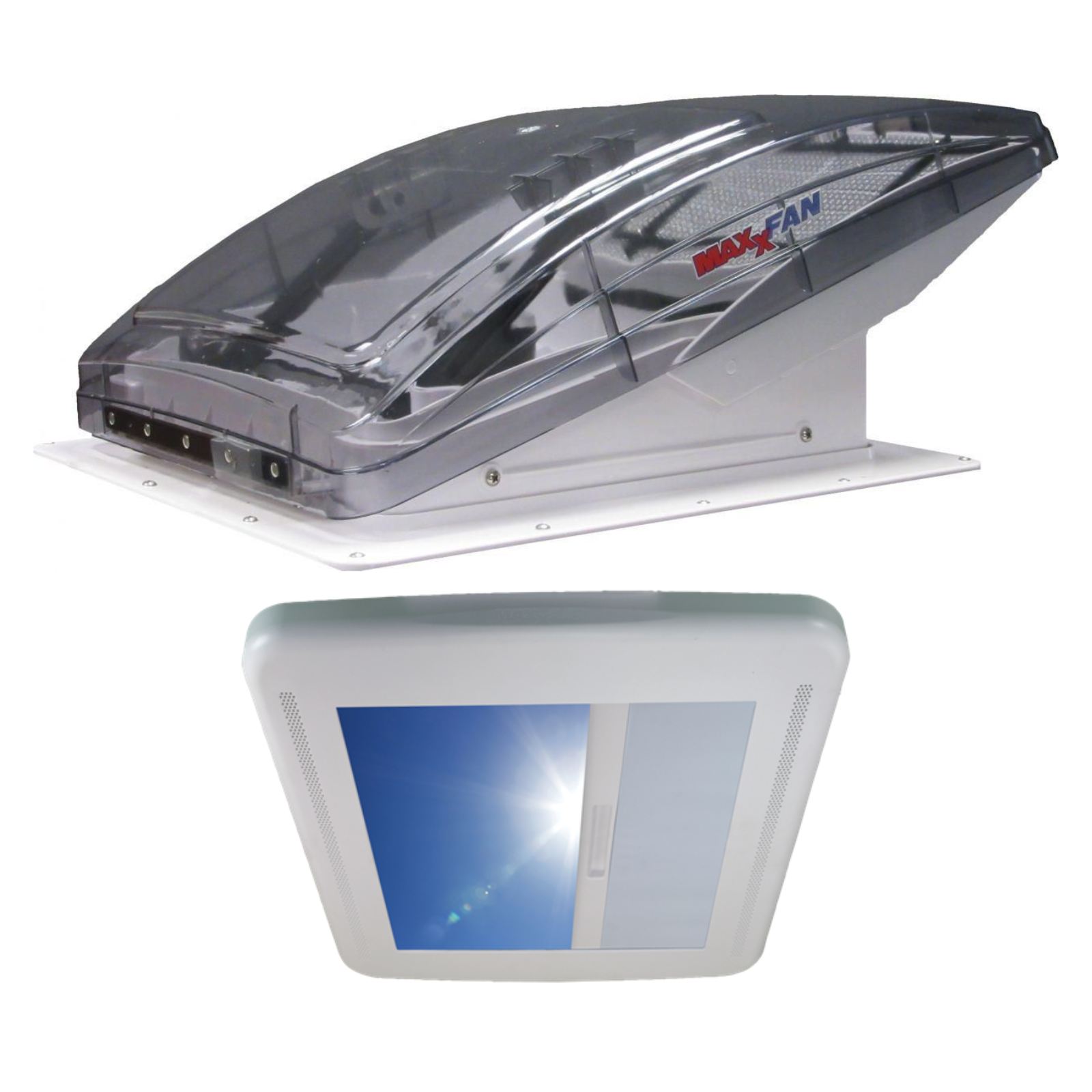 MaxxFan roof vent fan for campervan with tinted cover and interior control panel