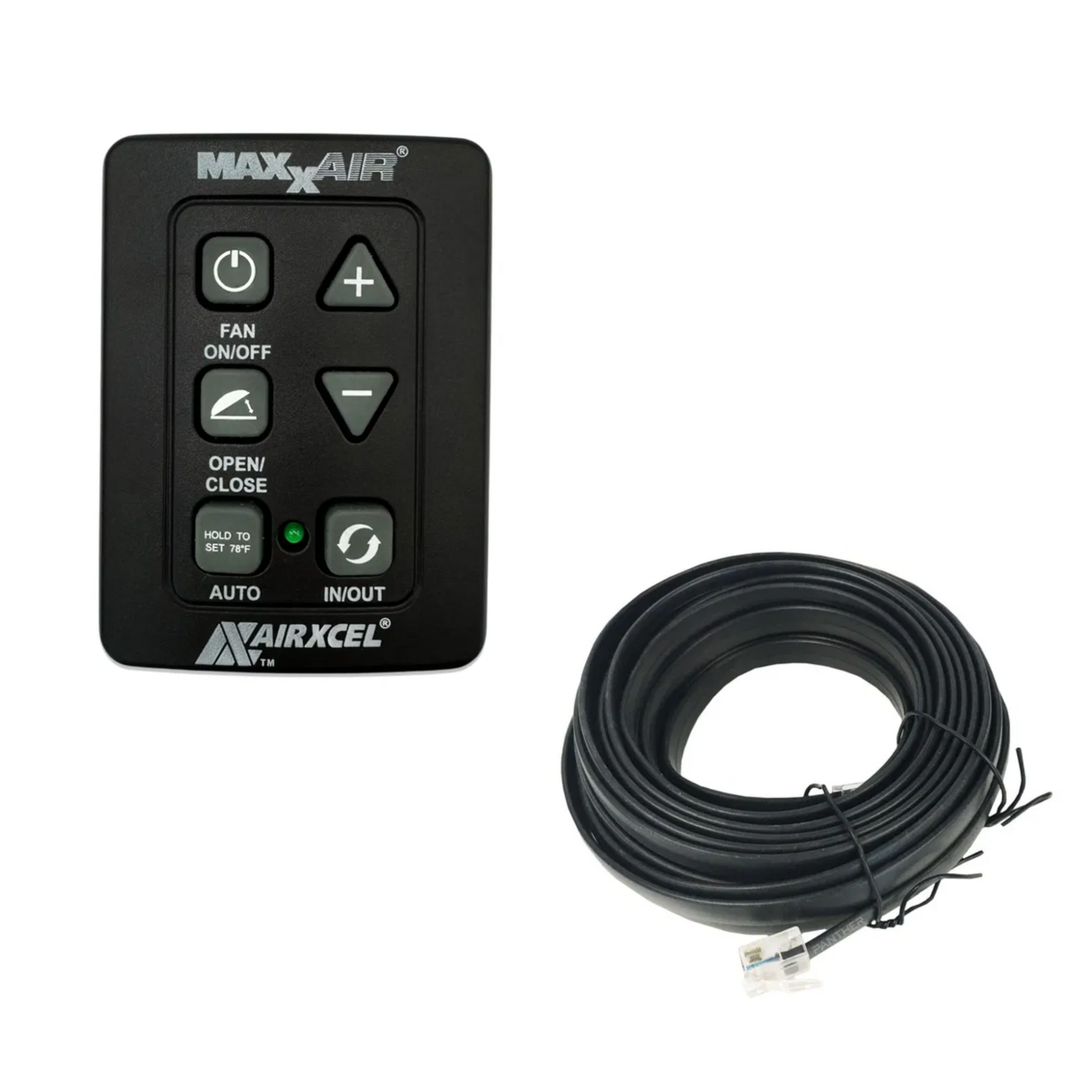 Maxxair fan wall control panel with buttons and long black cable for campervan ventilation